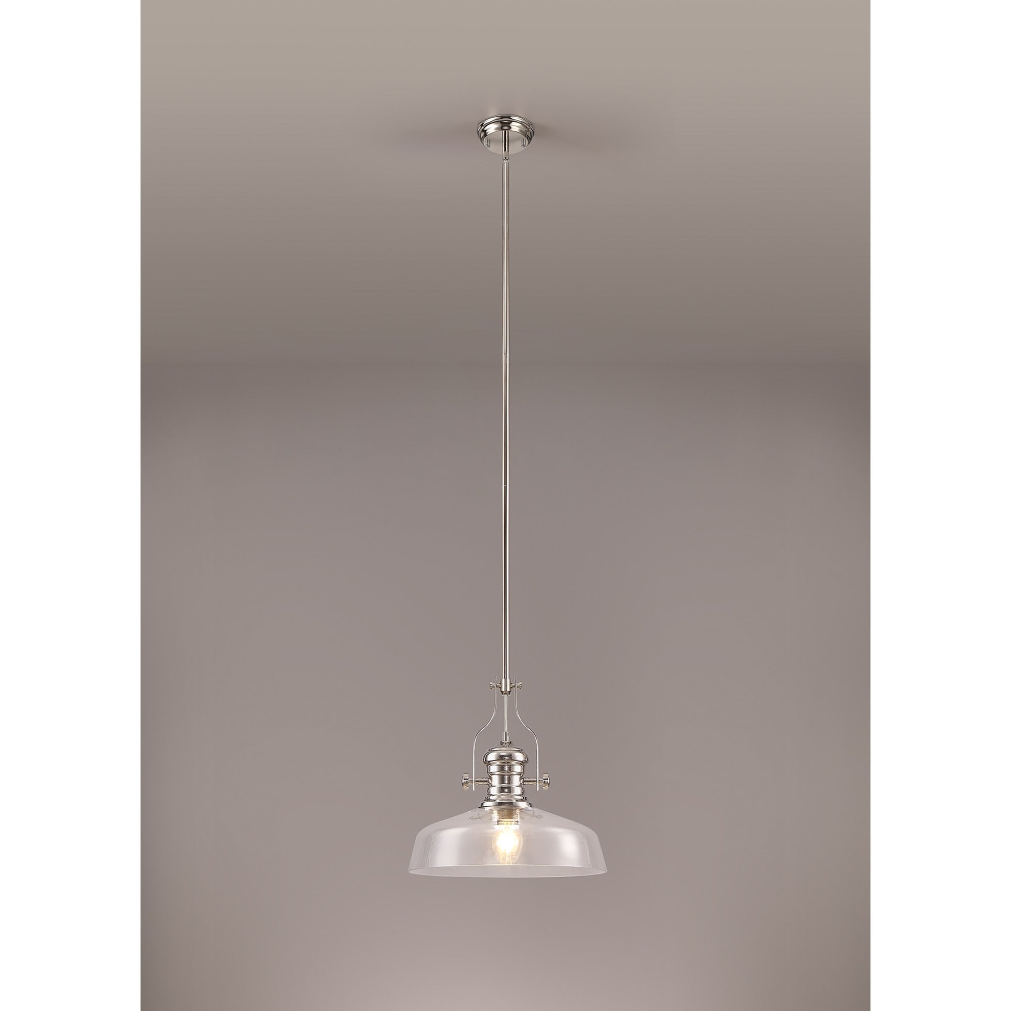 NLK04639 Louis Pendant With 38cm Flat Round Shade Polished Nickel/Clear Glass