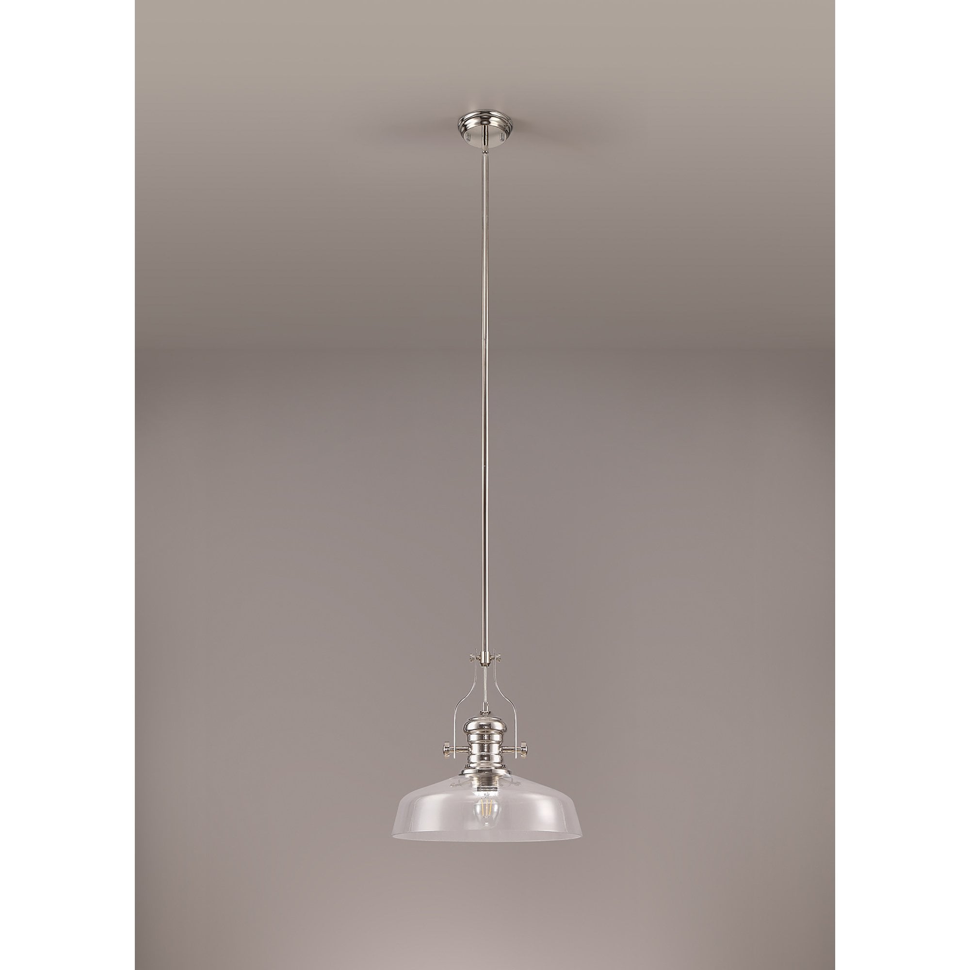 NLK04639 Louis Pendant With 38cm Flat Round Shade Polished Nickel/Clear Glass