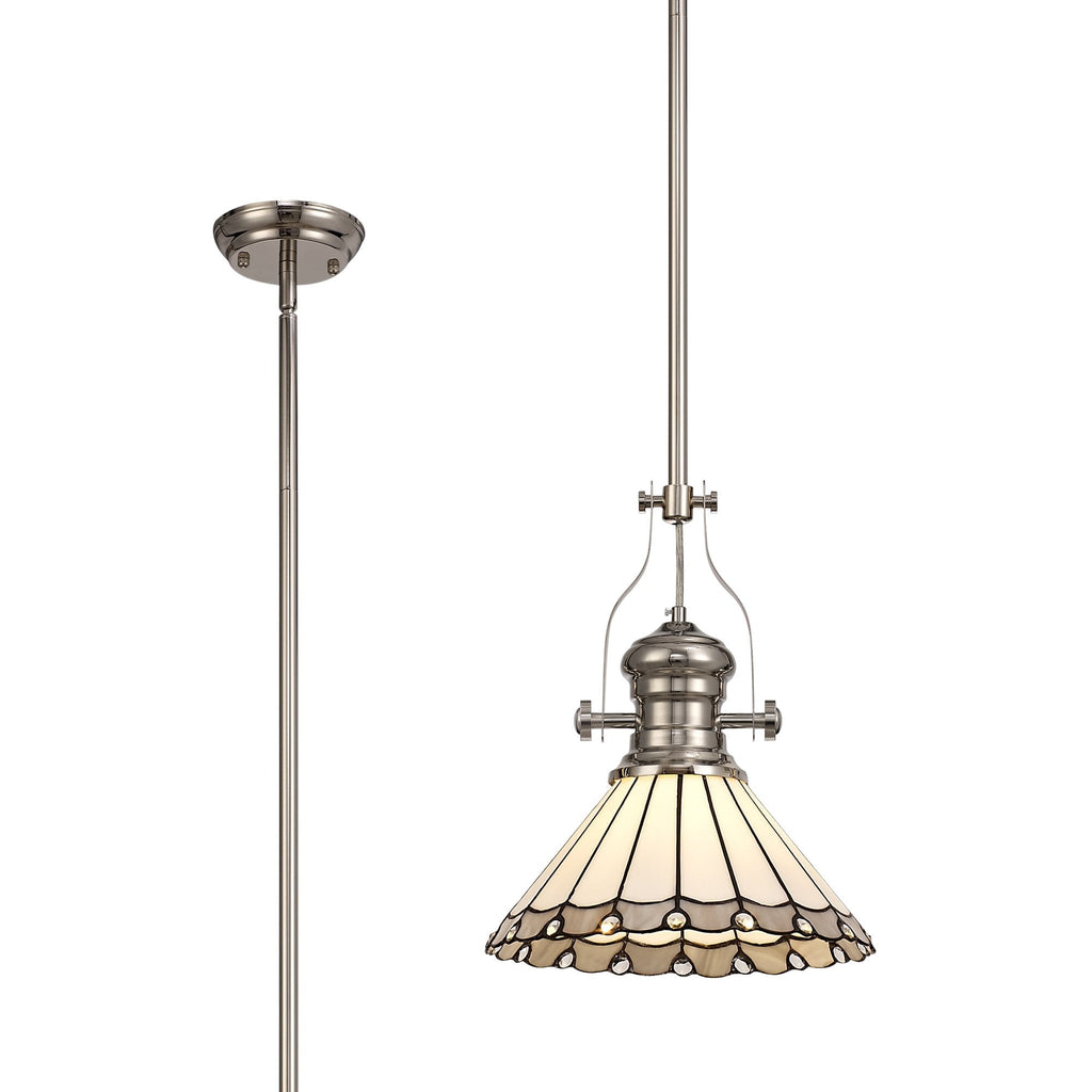 NLK04649 Louis/Umbrian 1 Light Telescopic Pendant With 30cm Tiffany Shade Polished Nickel/Grey/CRome/Crystal