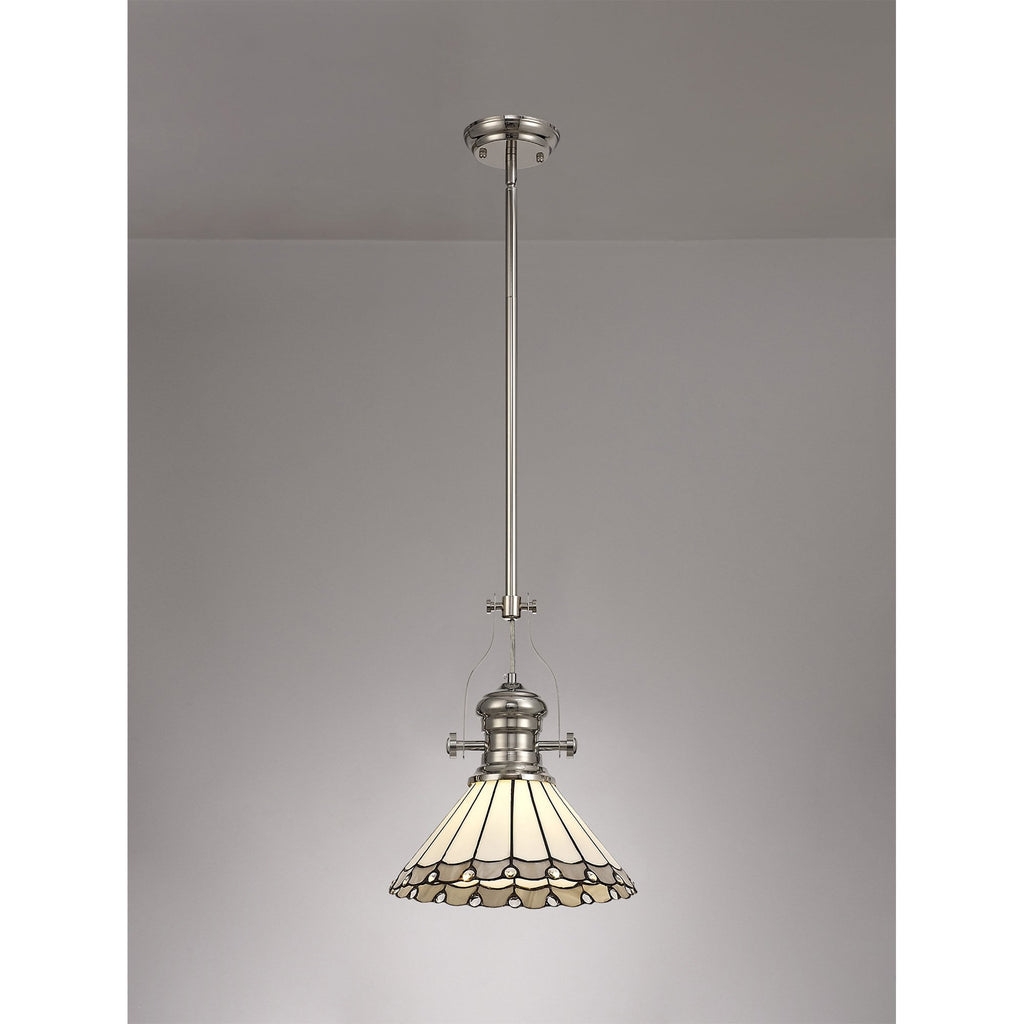 NLK04649 Louis/Umbrian 1 Light Telescopic Pendant With 30cm Tiffany Shade Polished Nickel/Grey/CRome/Crystal