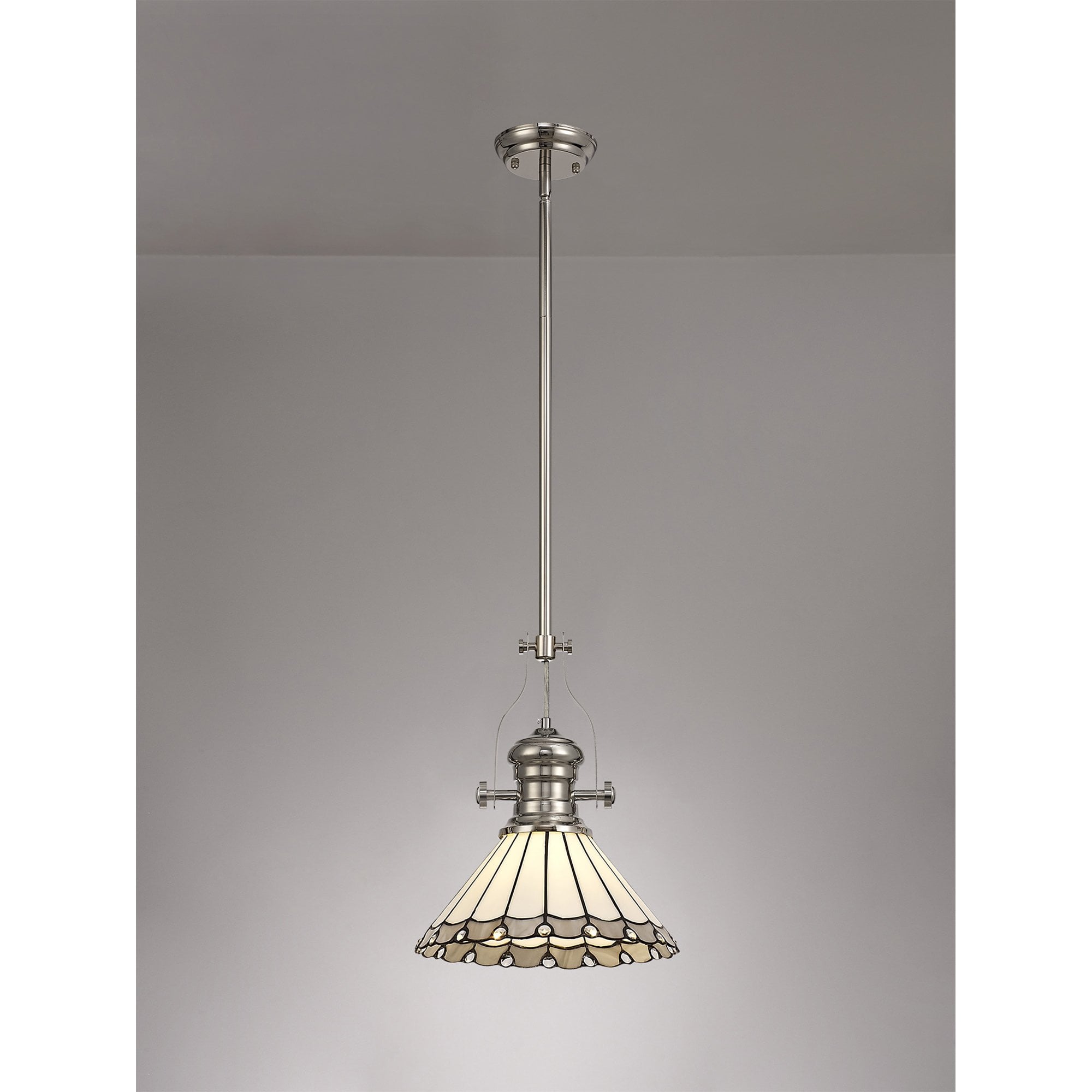NLK04649 Louis/Umbrian 1 Light Telescopic Pendant With 30cm Tiffany Shade Polished Nickel/Grey/CRome/Crystal