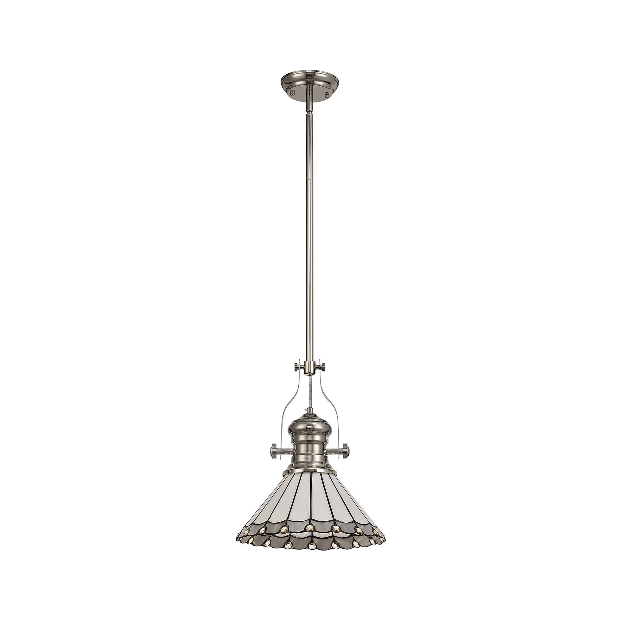 NLK04649 Louis/Umbrian 1 Light Telescopic Pendant With 30cm Tiffany Shade Polished Nickel/Grey/CRome/Crystal