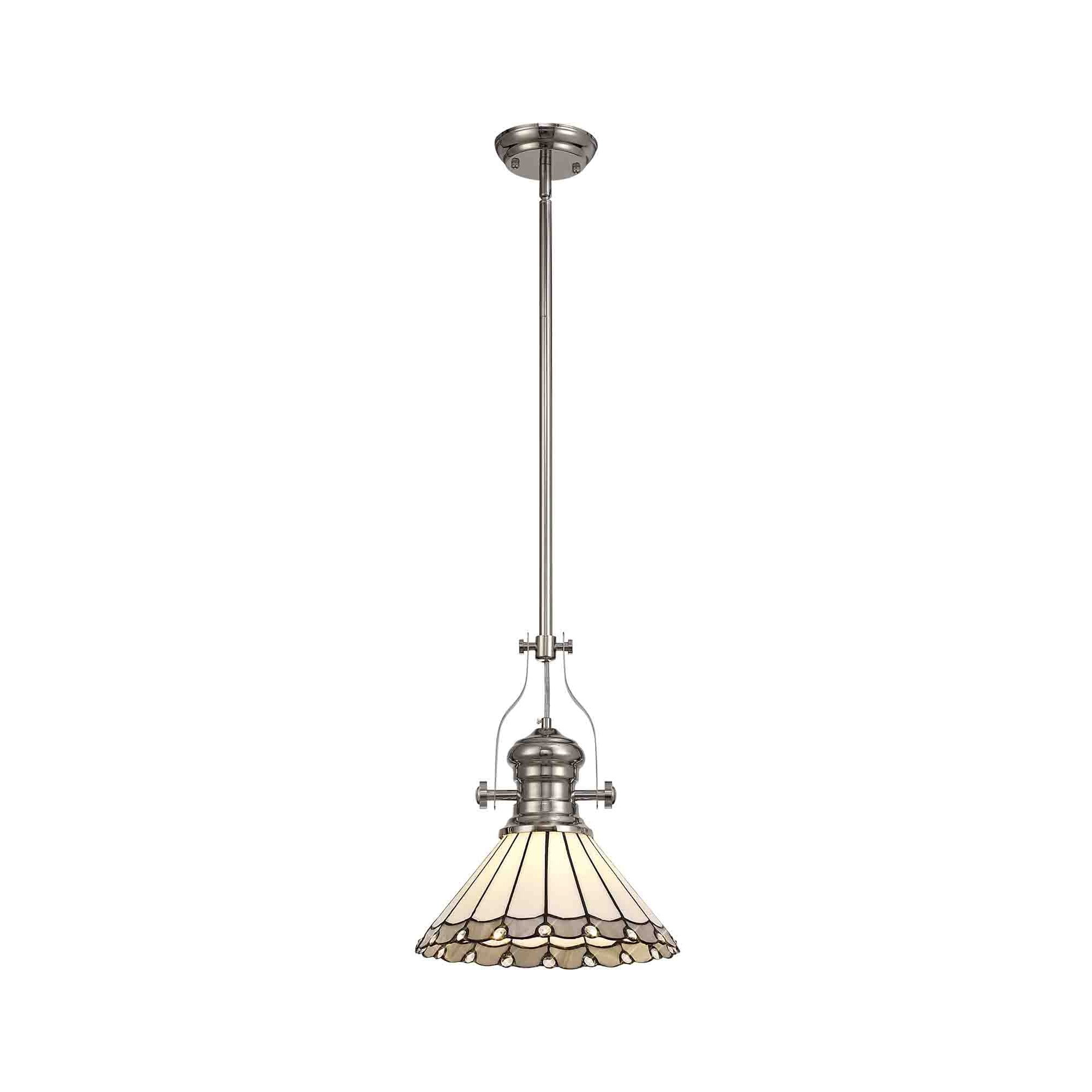 NLK04649 Louis/Umbrian 1 Light Telescopic Pendant With 30cm Tiffany Shade Polished Nickel/Grey/CRome/Crystal
