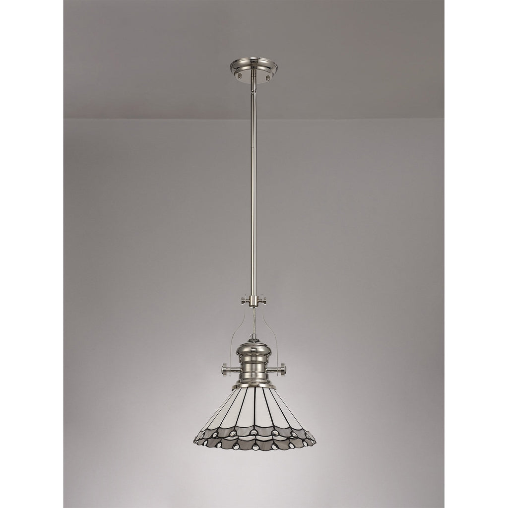 NLK04649 Louis/Umbrian 1 Light Telescopic Pendant With 30cm Tiffany Shade Polished Nickel/Grey/CRome/Crystal
