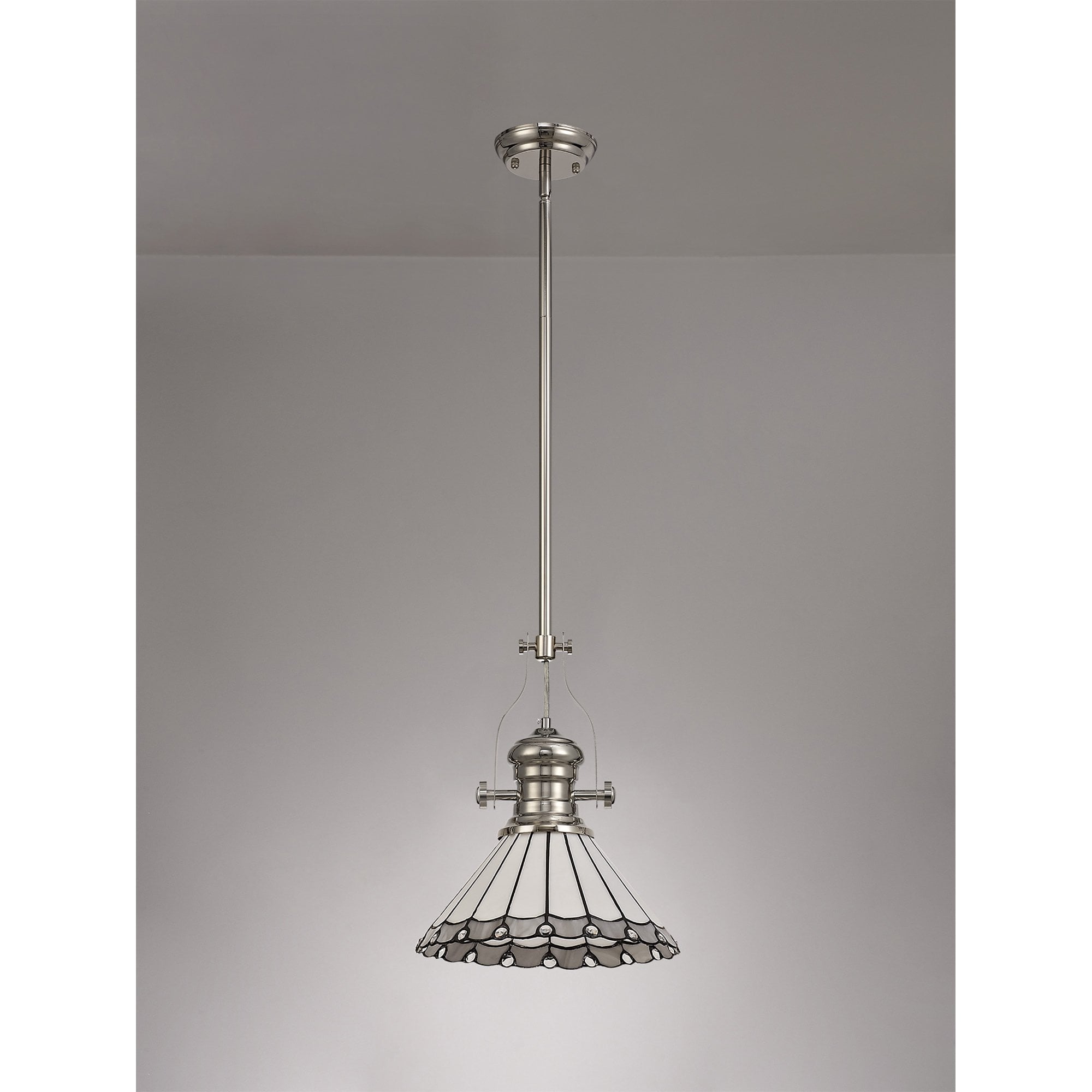 NLK04649 Louis/Umbrian 1 Light Telescopic Pendant With 30cm Tiffany Shade Polished Nickel/Grey/CRome/Crystal