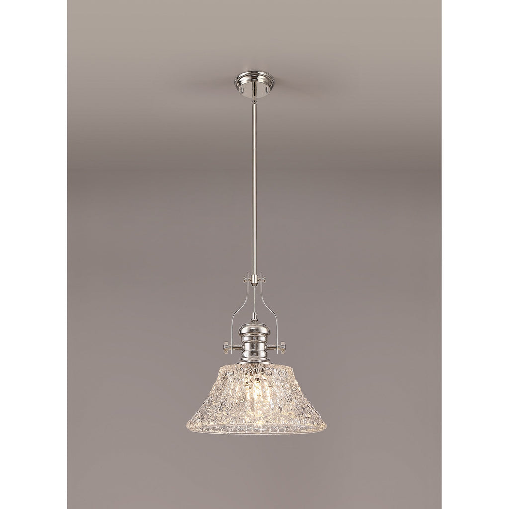 NLK04659 Louis Pendant With 38cm Patterned Round Shade Polished Nickel/Clear Glass