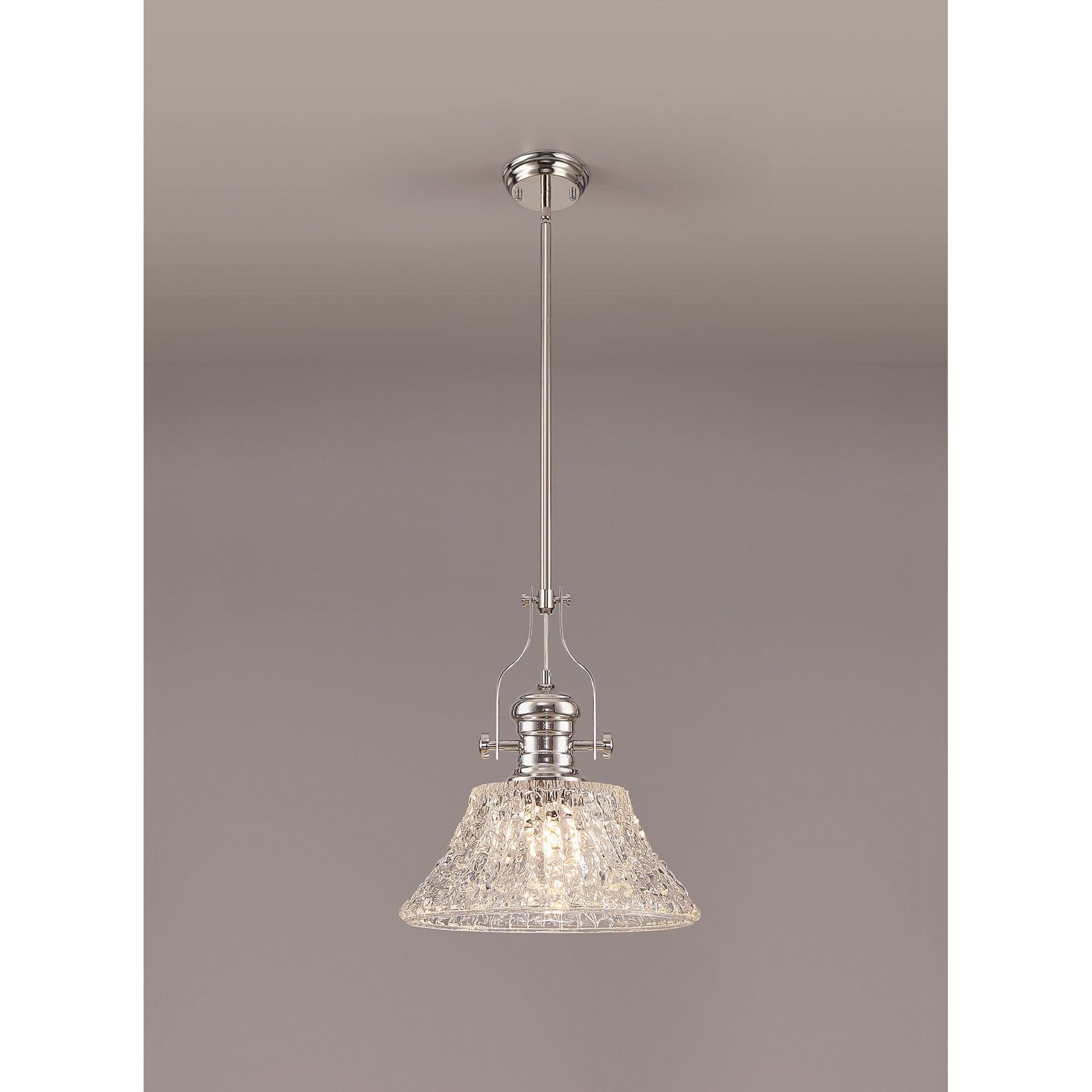NLK04659 Louis Pendant With 38cm Patterned Round Shade Polished Nickel/Clear Glass