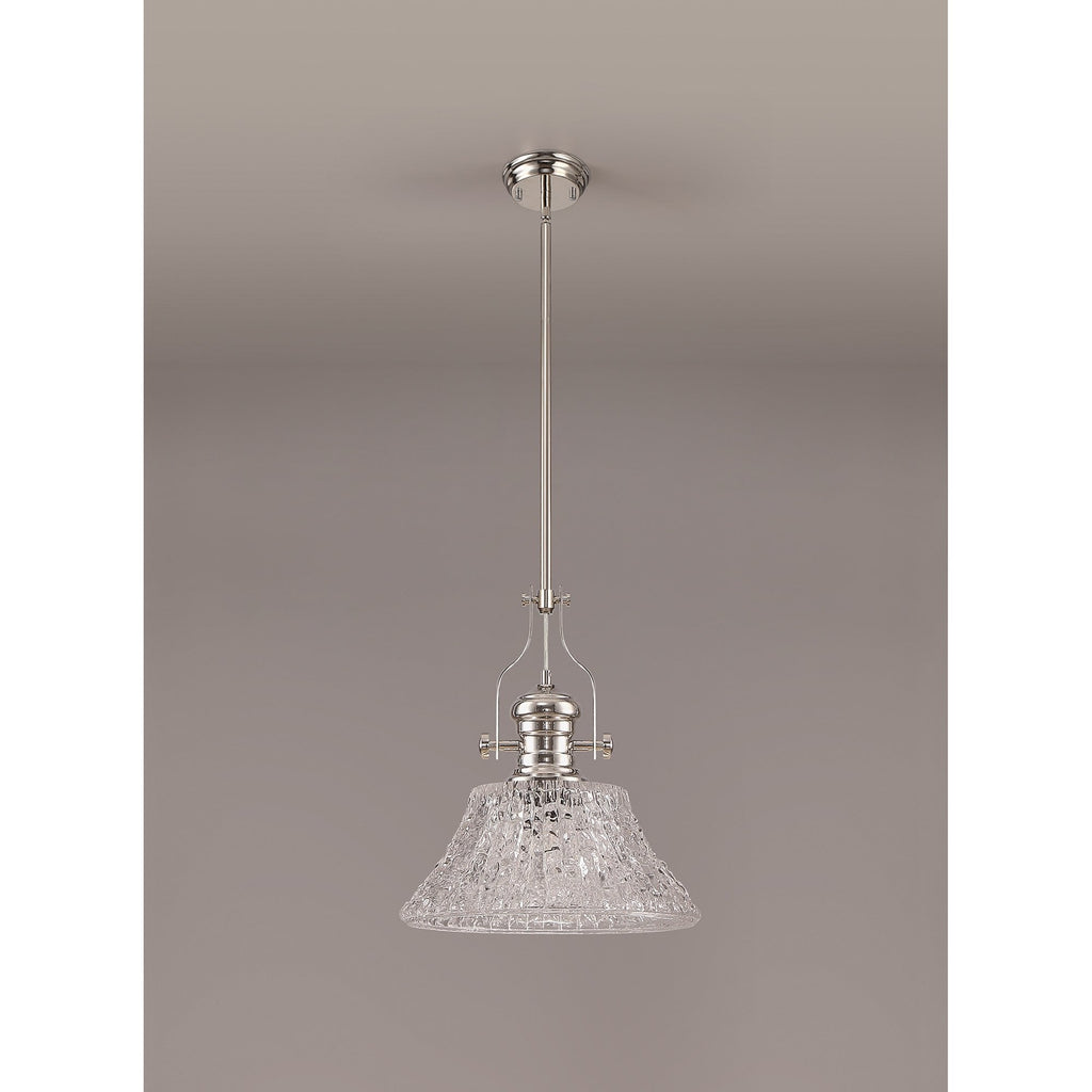 NLK04659 Louis Pendant With 38cm Patterned Round Shade Polished Nickel/Clear Glass