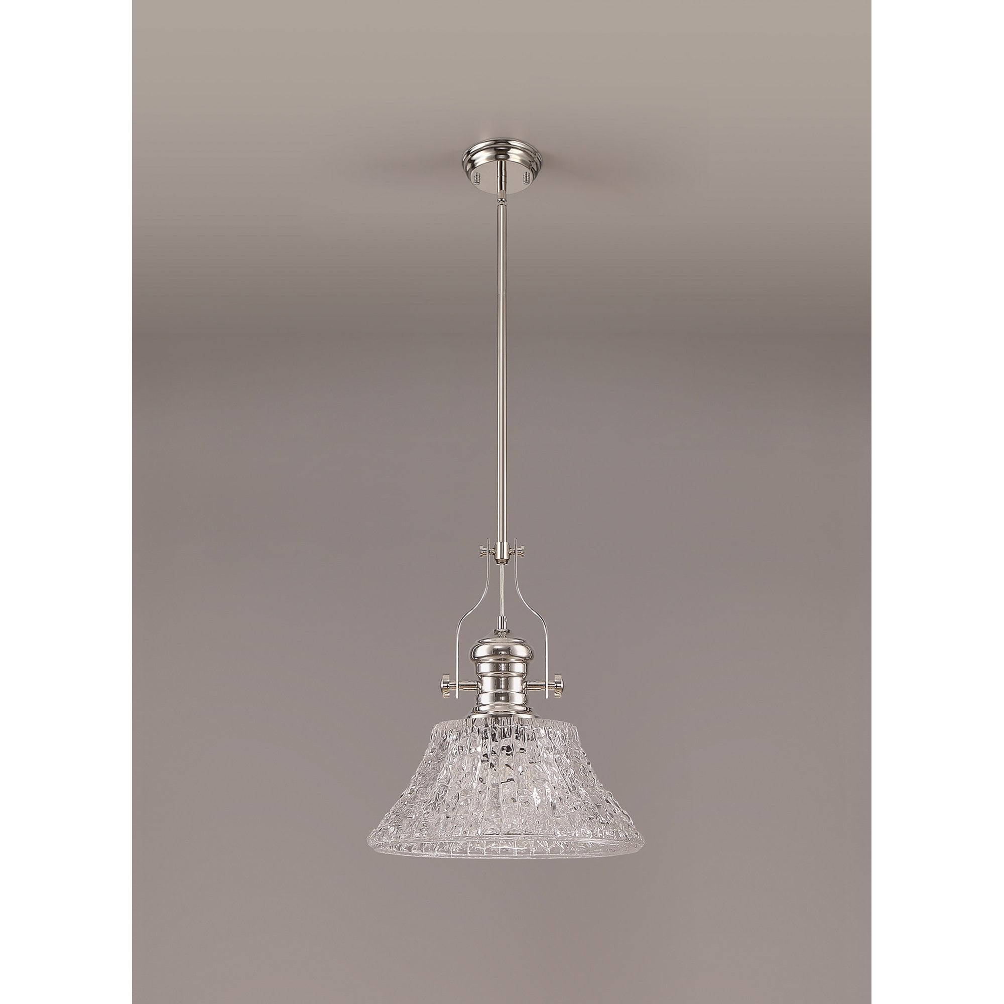 NLK04659 Louis Pendant With 38cm Patterned Round Shade Polished Nickel/Clear Glass
