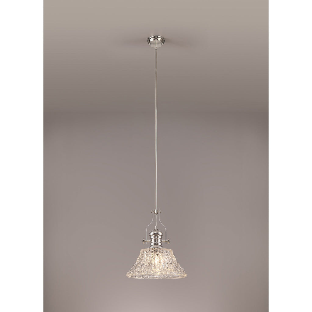NLK04659 Louis Pendant With 38cm Patterned Round Shade Polished Nickel/Clear Glass