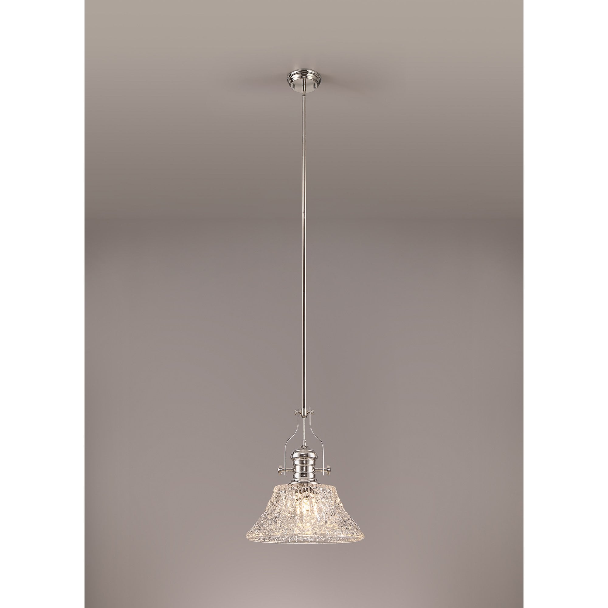 NLK04659 Louis Pendant With 38cm Patterned Round Shade Polished Nickel/Clear Glass