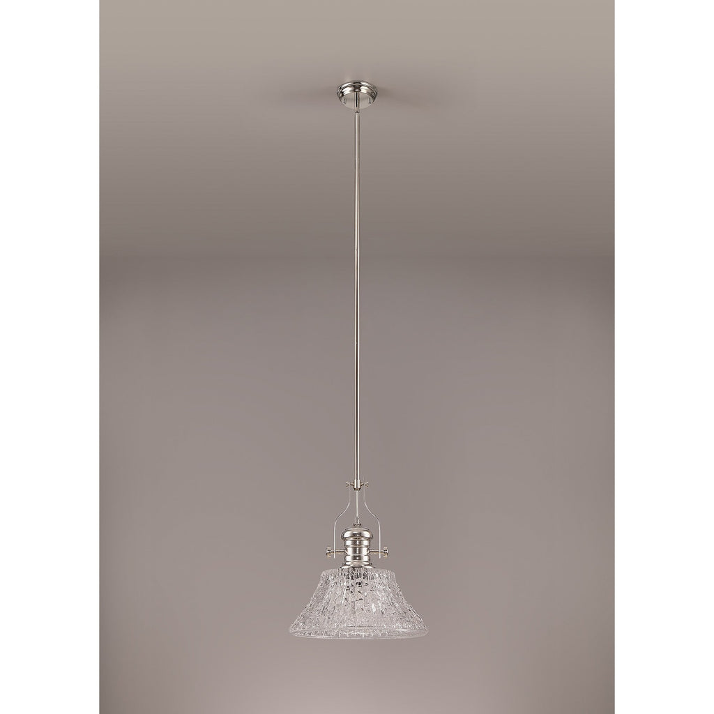 NLK04659 Louis Pendant With 38cm Patterned Round Shade Polished Nickel/Clear Glass