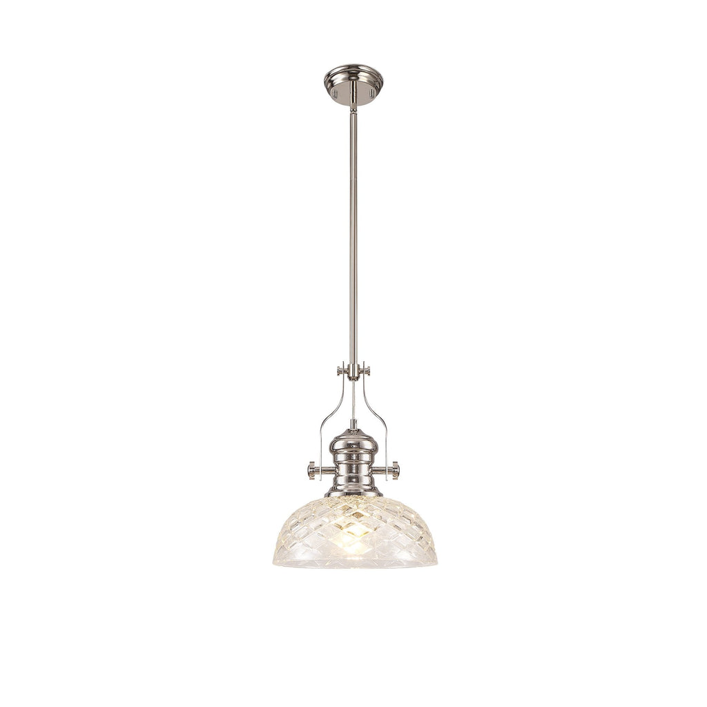 NLK04669 Louis Pendant With 30cm Flat Round Patterned Shade Polished Nickel/Clear Glass