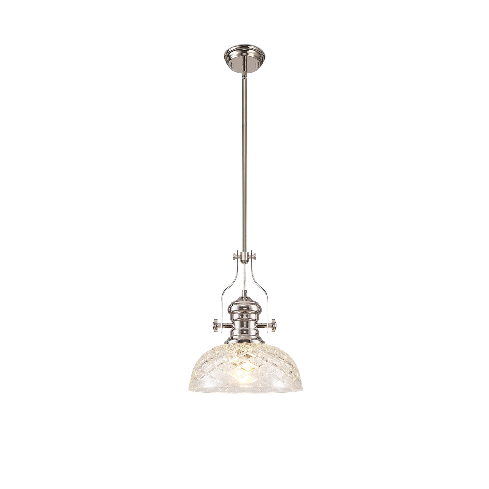 NLK04669 Louis Pendant With 30cm Flat Round Patterned Shade Polished Nickel/Clear Glass