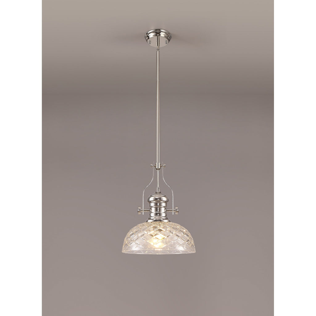 NLK04669 Louis Pendant With 30cm Flat Round Patterned Shade Polished Nickel/Clear Glass