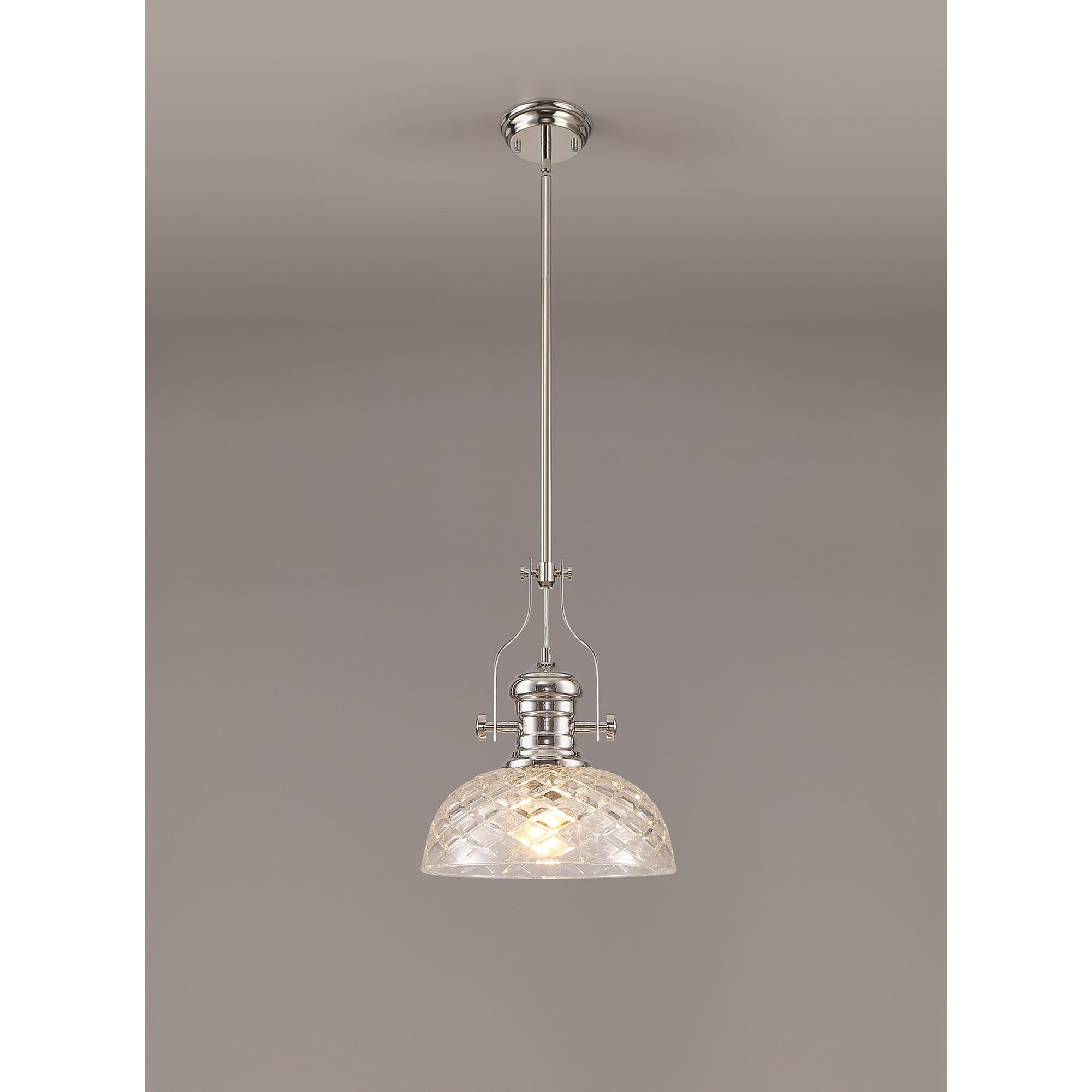 NLK04669 Louis Pendant With 30cm Flat Round Patterned Shade Polished Nickel/Clear Glass