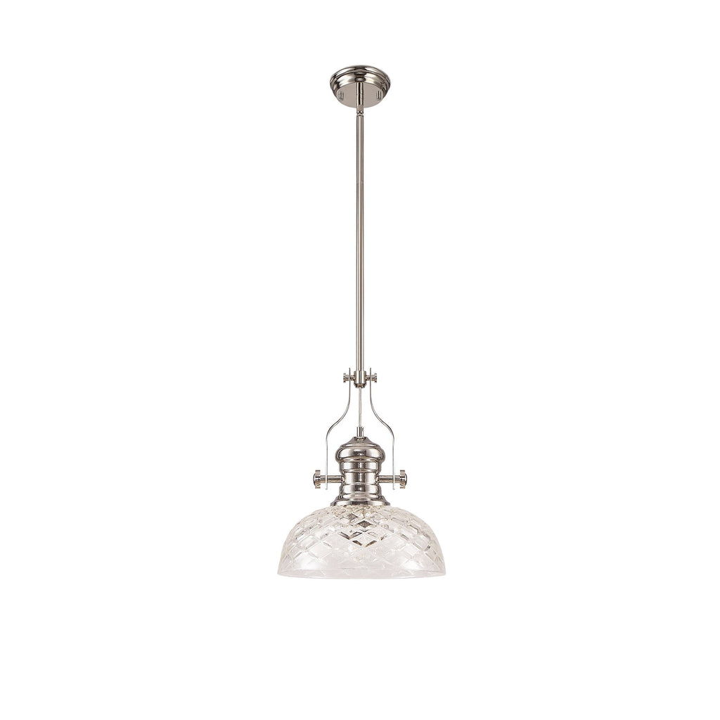 NLK04669 Louis Pendant With 30cm Flat Round Patterned Shade Polished Nickel/Clear Glass
