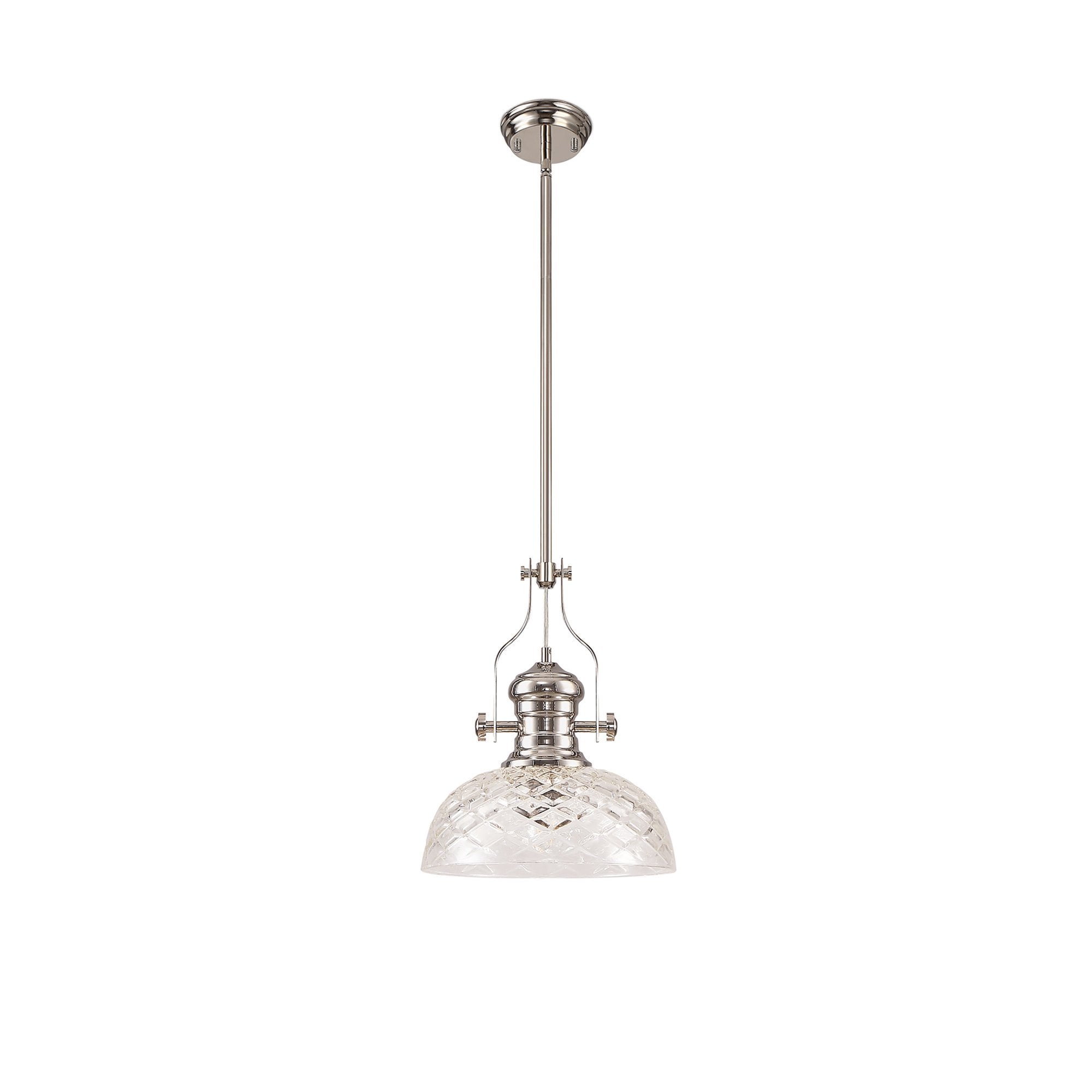 NLK04669 Louis Pendant With 30cm Flat Round Patterned Shade Polished Nickel/Clear Glass