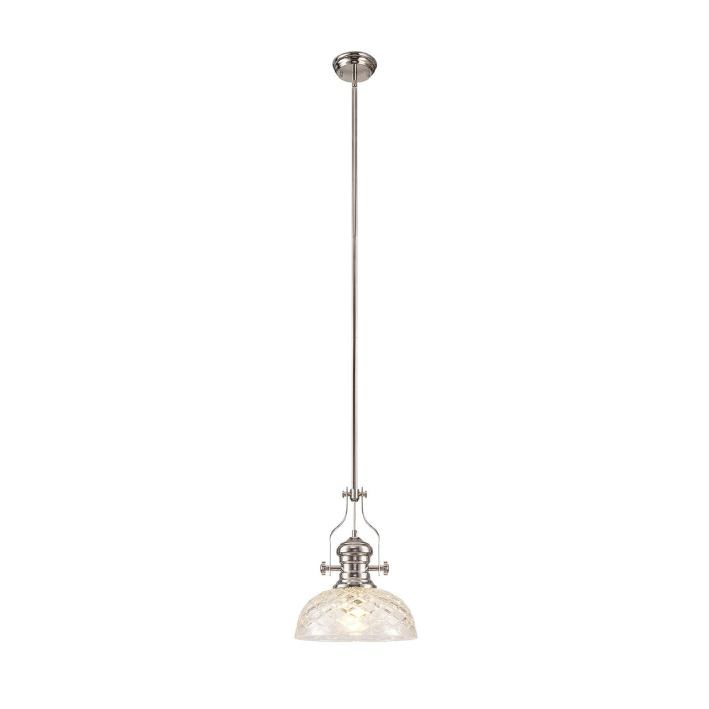 NLK04669 Louis Pendant With 30cm Flat Round Patterned Shade Polished Nickel/Clear Glass