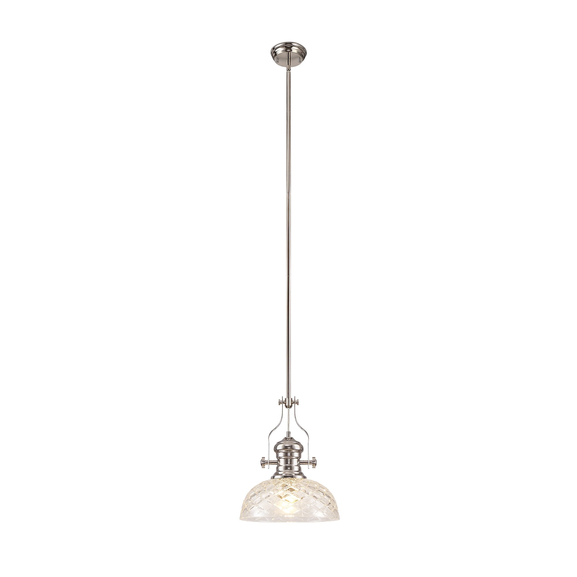 NLK04669 Louis Pendant With 30cm Flat Round Patterned Shade Polished Nickel/Clear Glass