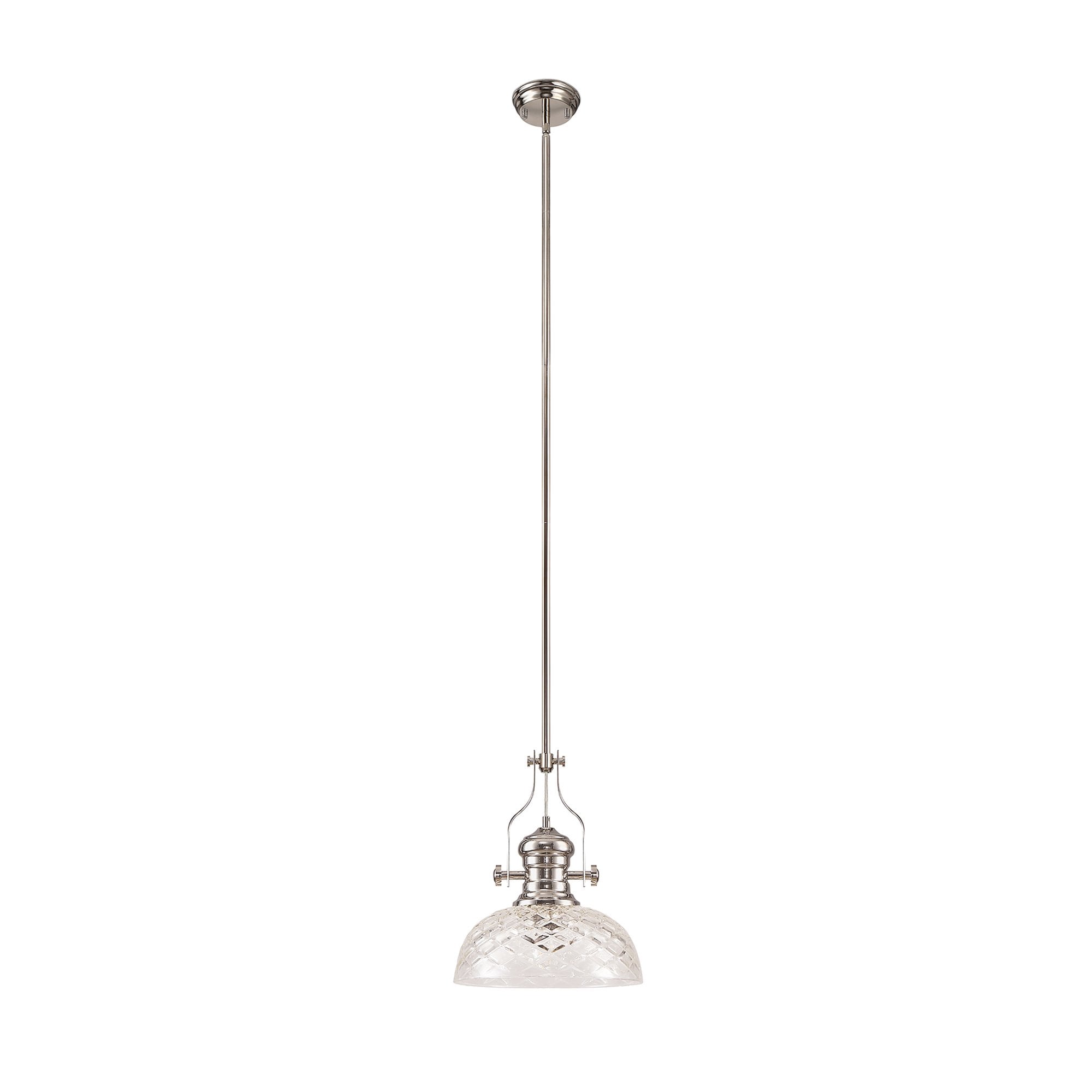 NLK04669 Louis Pendant With 30cm Flat Round Patterned Shade Polished Nickel/Clear Glass