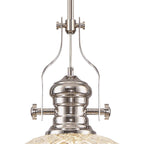NLK04669 Louis Pendant With 30cm Flat Round Patterned Shade Polished Nickel/Clear Glass