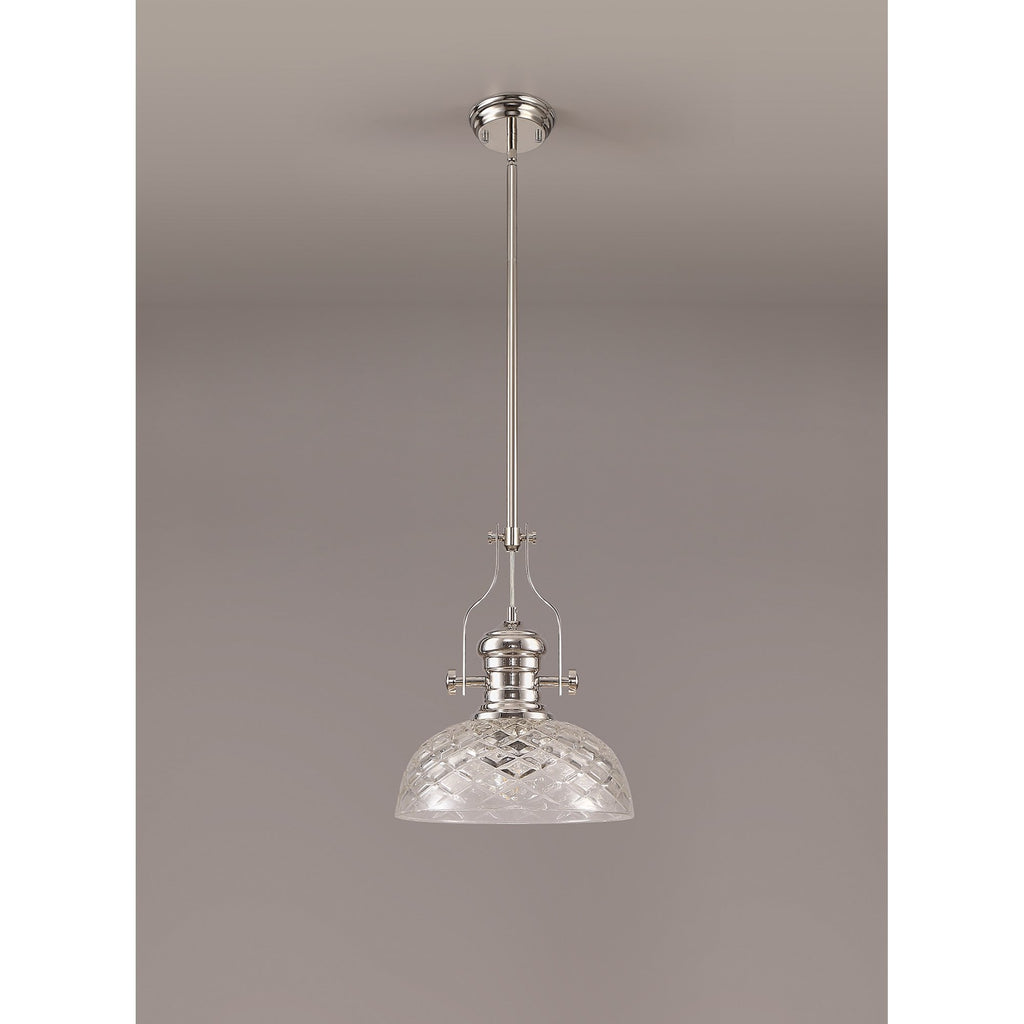 NLK04669 Louis Pendant With 30cm Flat Round Patterned Shade Polished Nickel/Clear Glass