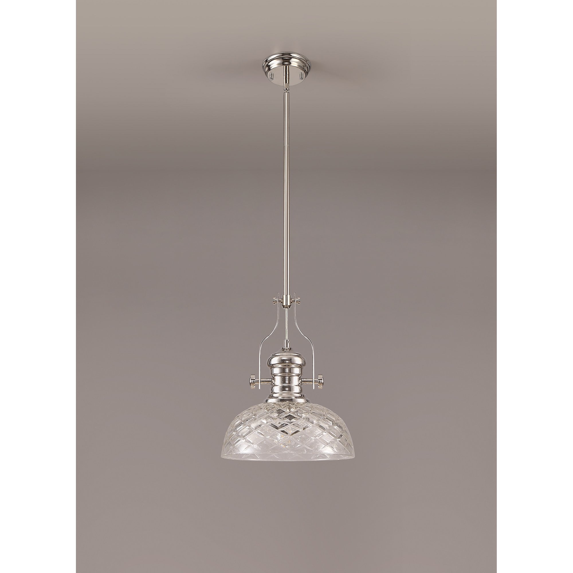 NLK04669 Louis Pendant With 30cm Flat Round Patterned Shade Polished Nickel/Clear Glass