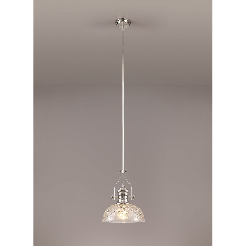 NLK04669 Louis Pendant With 30cm Flat Round Patterned Shade Polished Nickel/Clear Glass