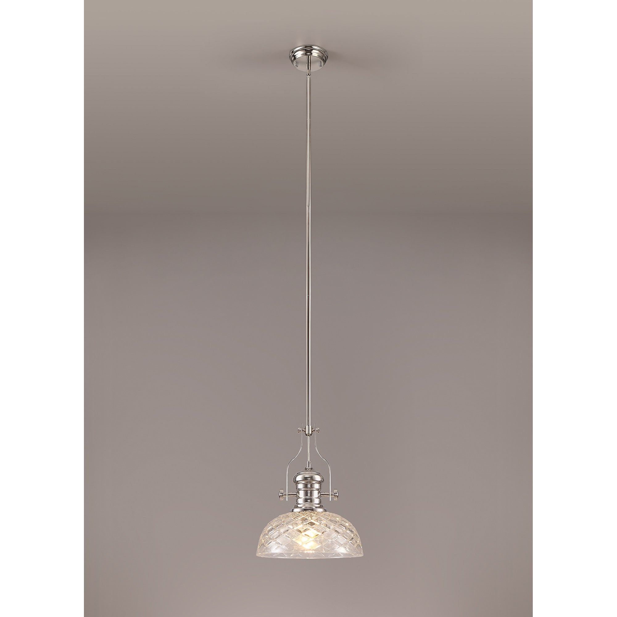 NLK04669 Louis Pendant With 30cm Flat Round Patterned Shade Polished Nickel/Clear Glass