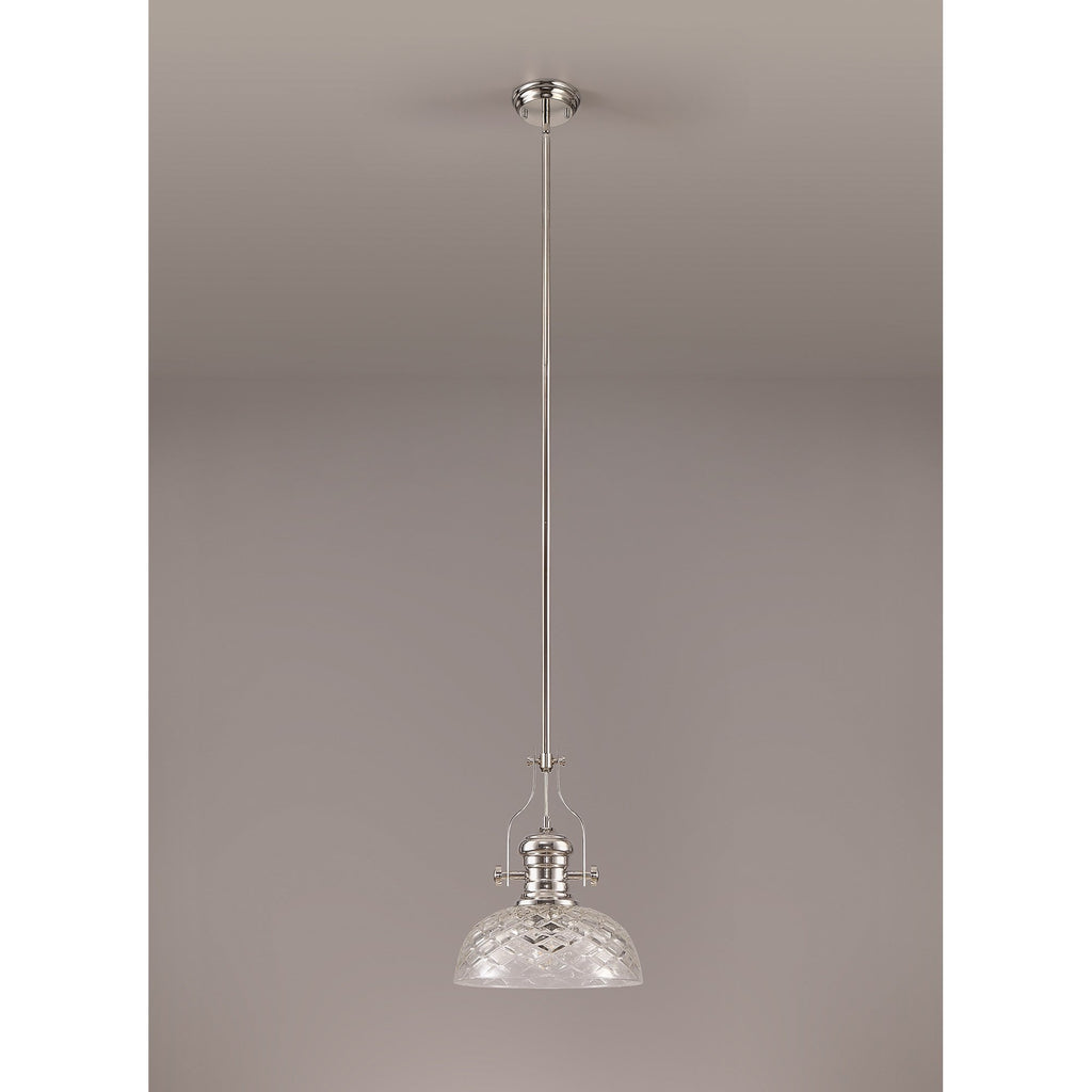 NLK04669 Louis Pendant With 30cm Flat Round Patterned Shade Polished Nickel/Clear Glass