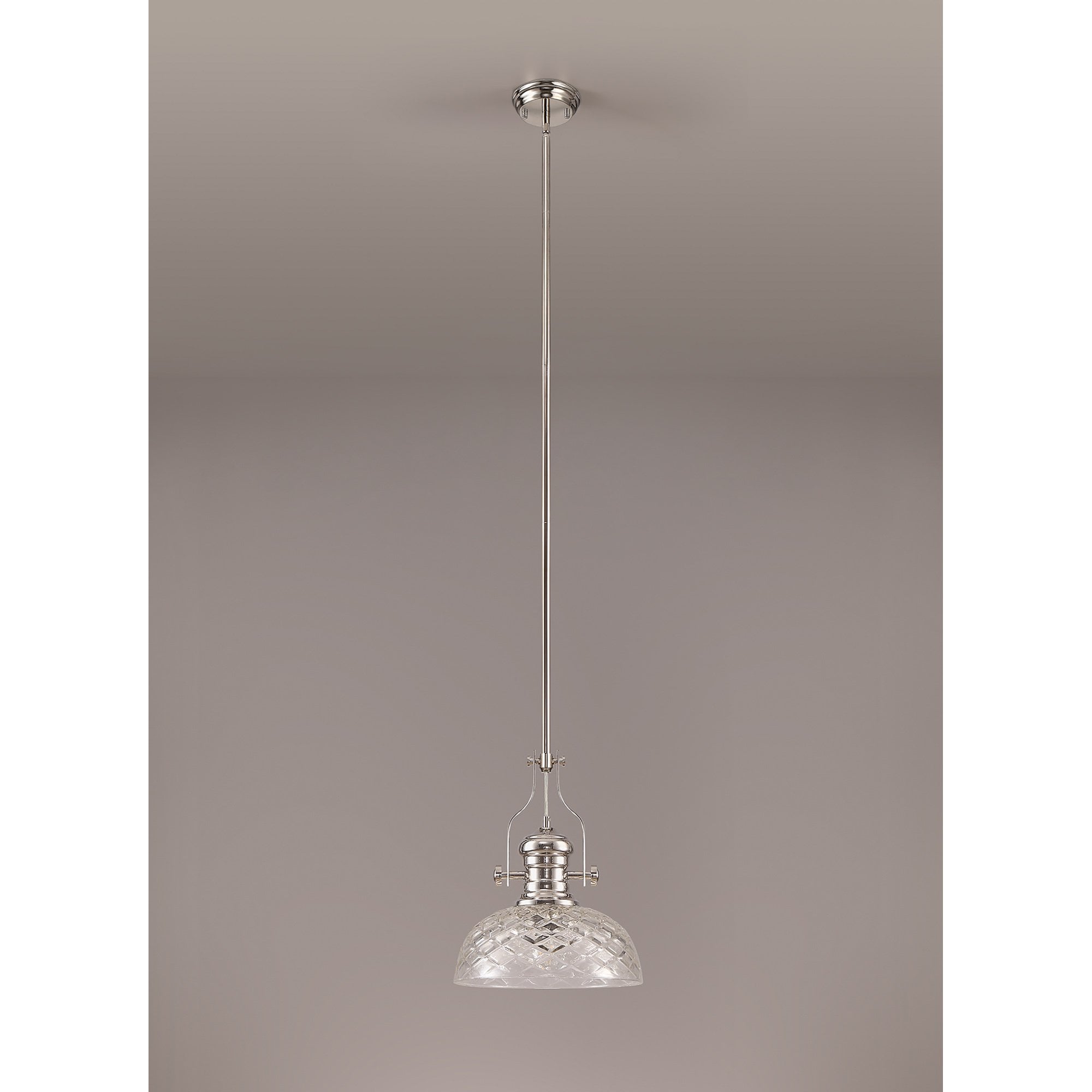 NLK04669 Louis Pendant With 30cm Flat Round Patterned Shade Polished Nickel/Clear Glass