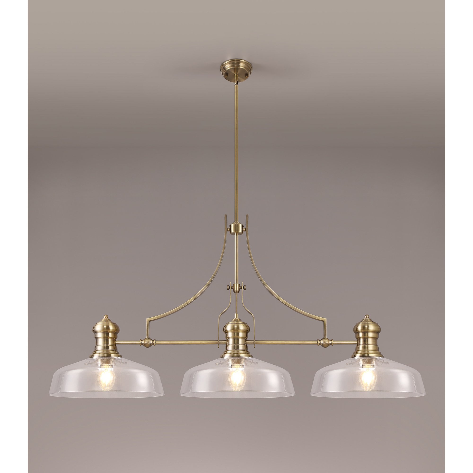NLK04679 Louis Linear Pendant With 38cm Flat Round Shade Antique Brass/Clear Glass