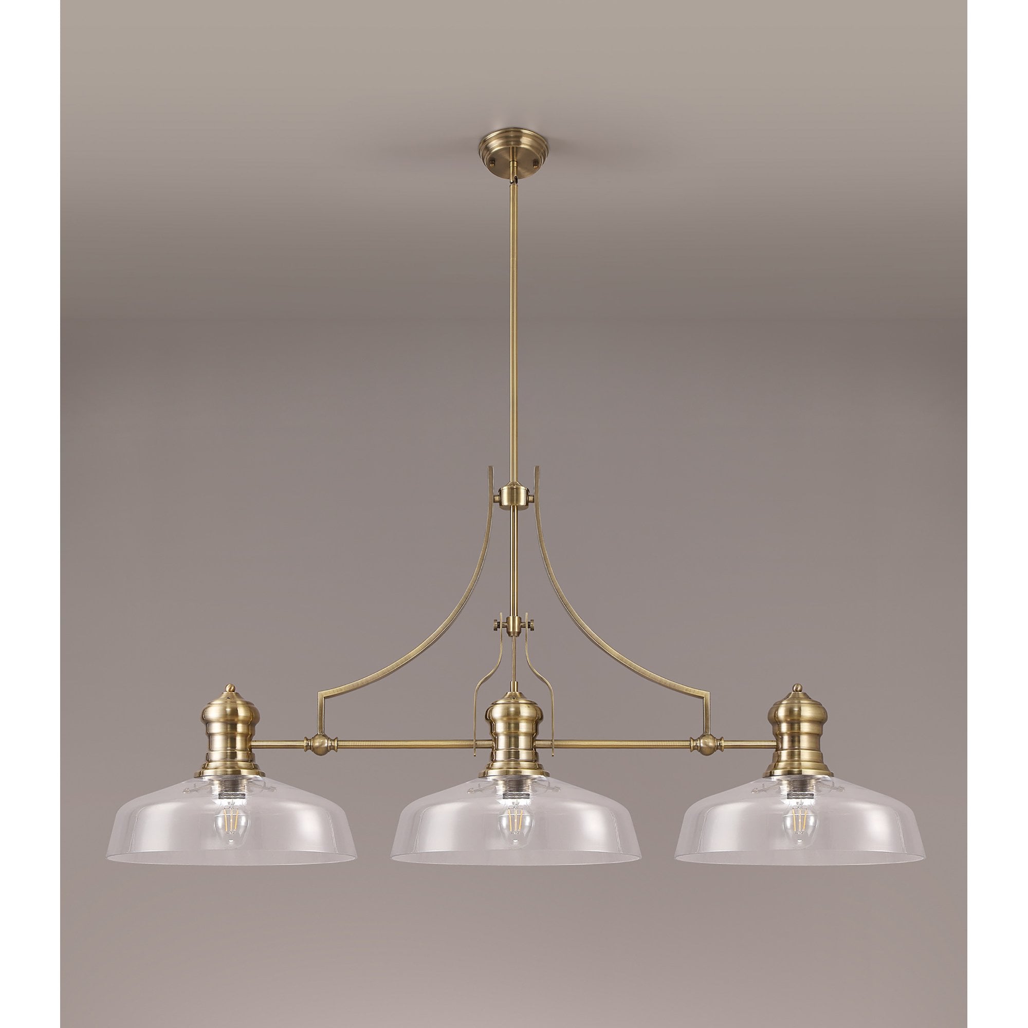 NLK04679 Louis Linear Pendant With 38cm Flat Round Shade Antique Brass/Clear Glass