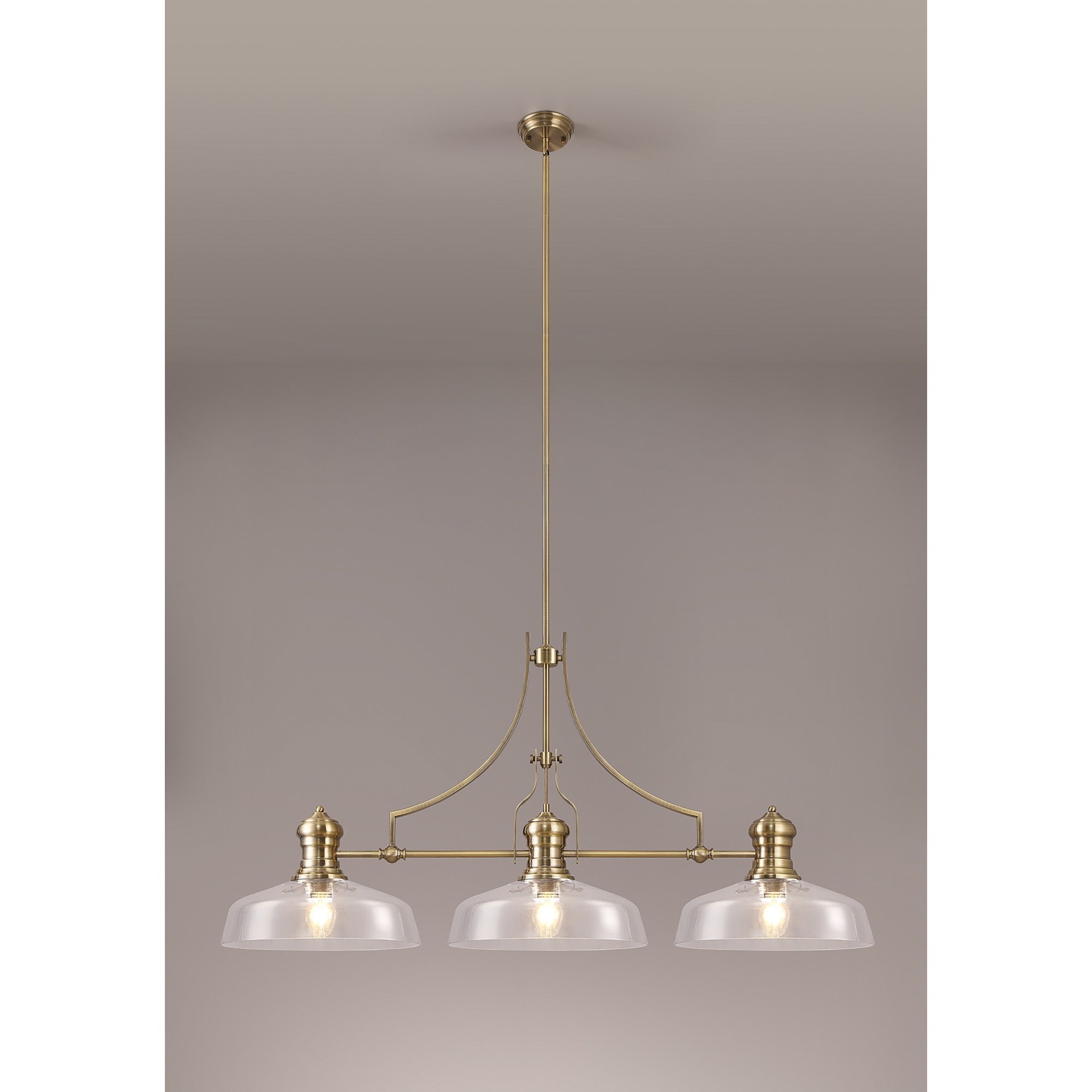 NLK04679 Louis Linear Pendant With 38cm Flat Round Shade Antique Brass/Clear Glass