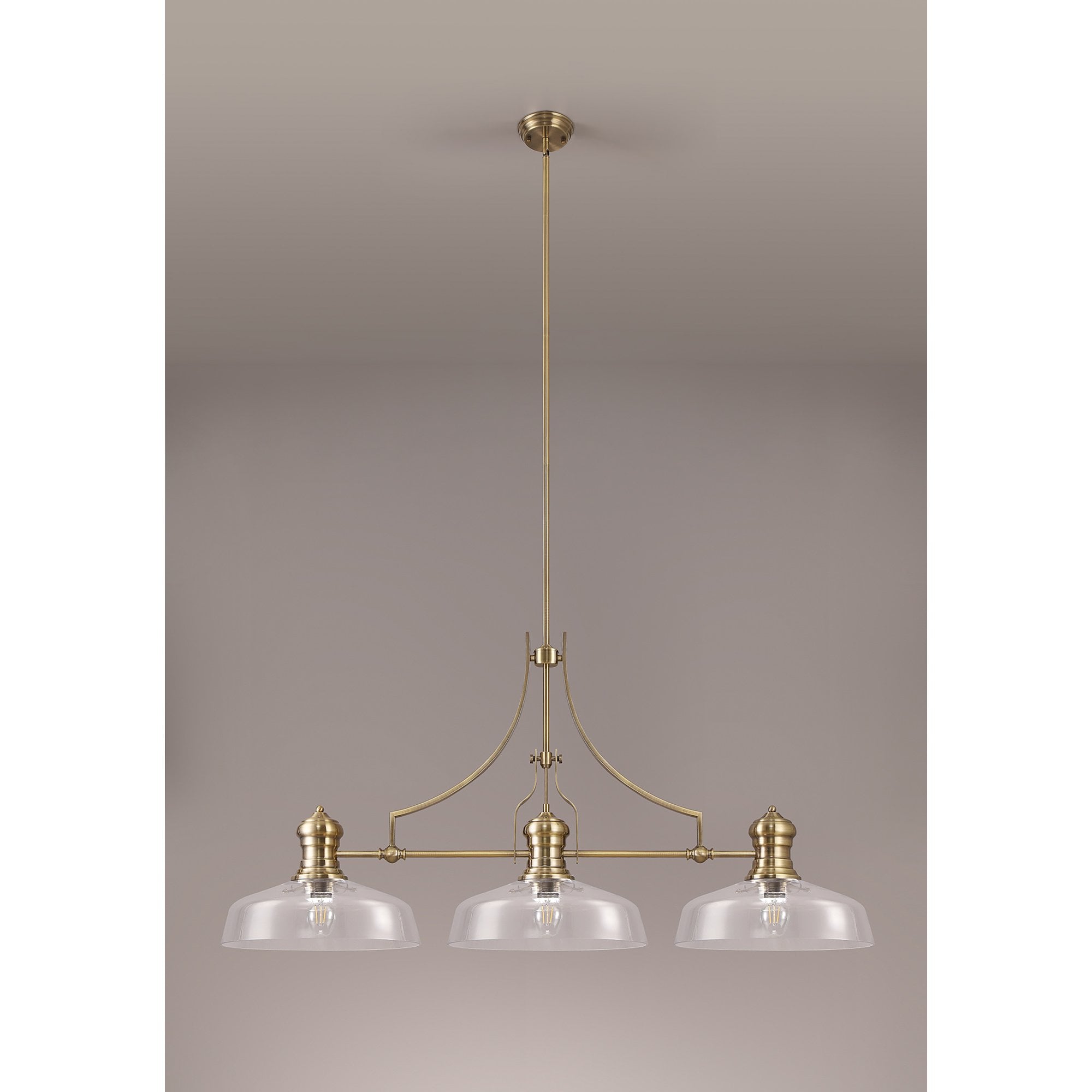 NLK04679 Louis Linear Pendant With 38cm Flat Round Shade Antique Brass/Clear Glass