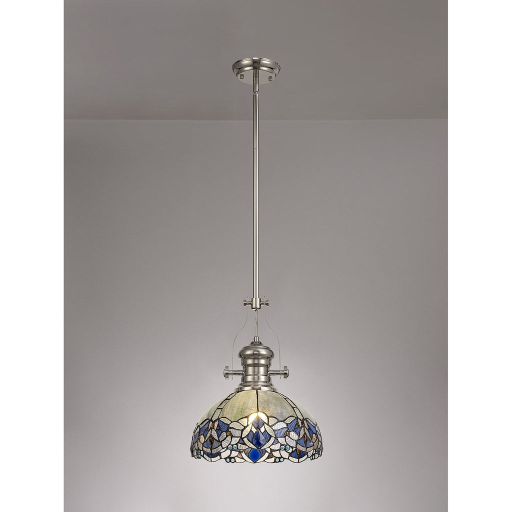 NLK04689 Louis/Ossie 1 Light Telescopic Pendant With 30cm Tiffany Shade Polished Nickel/Blue/Clear Crystal