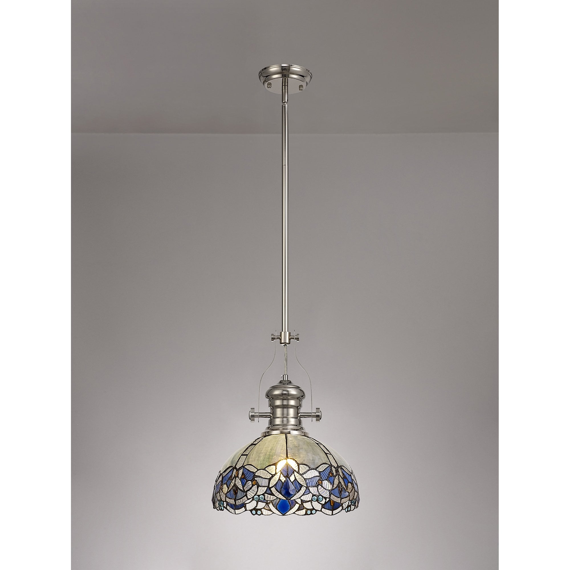 NLK04689 Louis/Ossie 1 Light Telescopic Pendant With 30cm Tiffany Shade Polished Nickel/Blue/Clear Crystal
