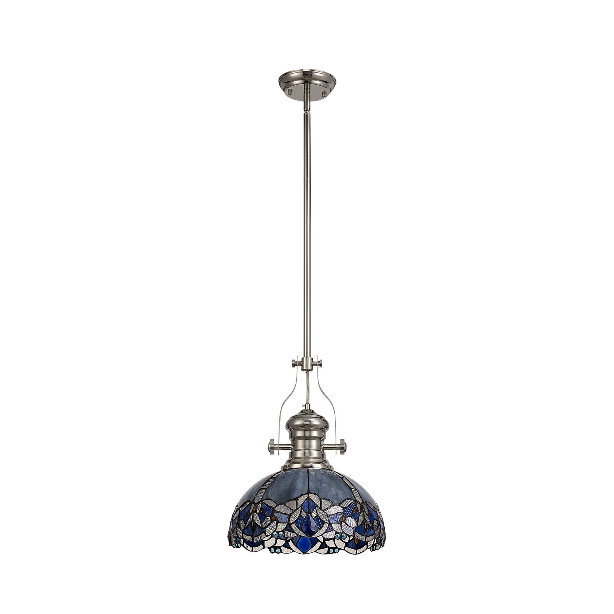 NLK04689 Louis/Ossie 1 Light Telescopic Pendant With 30cm Tiffany Shade Polished Nickel/Blue/Clear Crystal