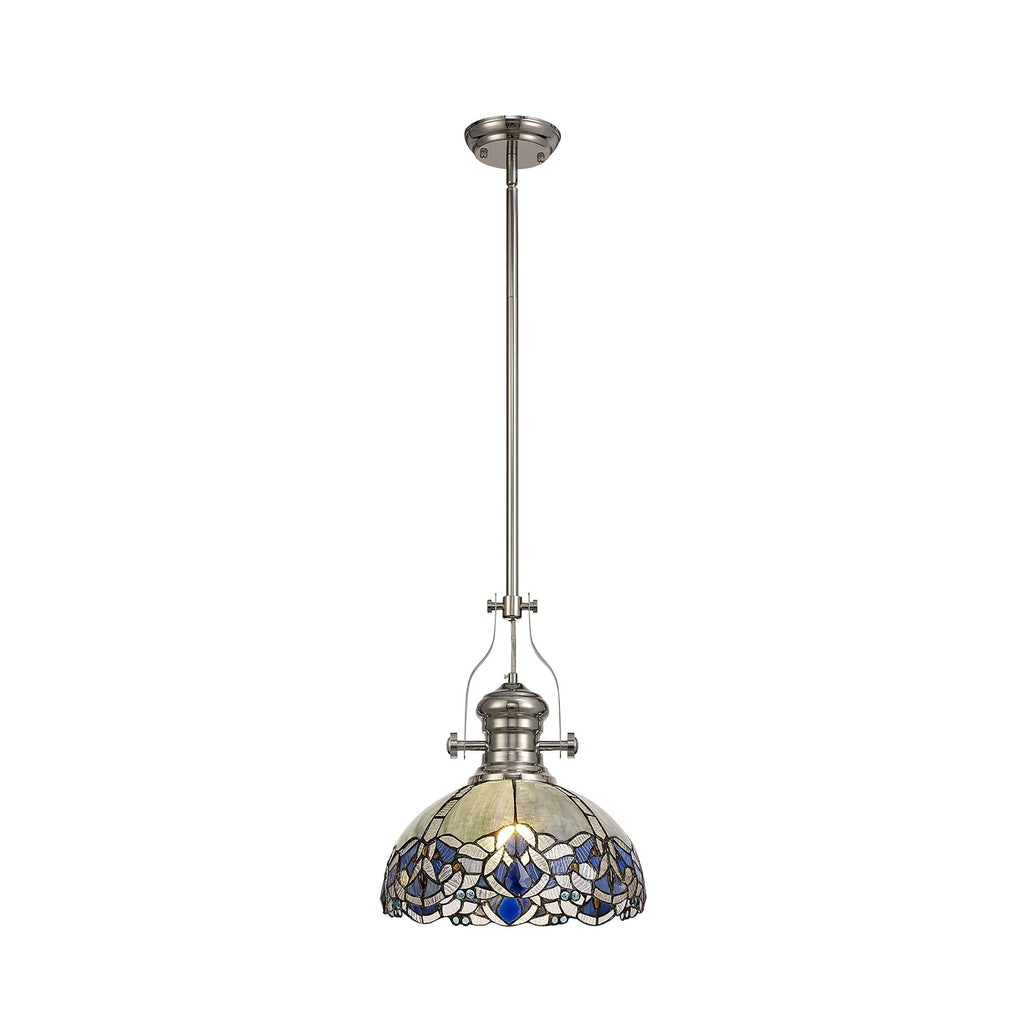 NLK04689 Louis/Ossie 1 Light Telescopic Pendant With 30cm Tiffany Shade Polished Nickel/Blue/Clear Crystal