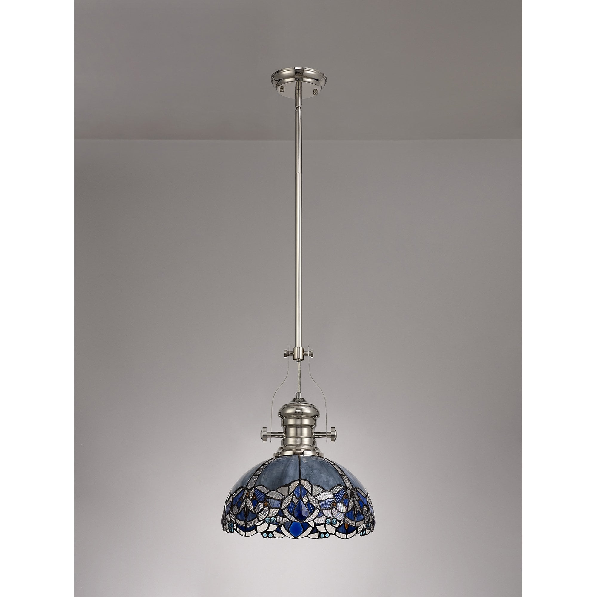 NLK04689 Louis/Ossie 1 Light Telescopic Pendant With 30cm Tiffany Shade Polished Nickel/Blue/Clear Crystal