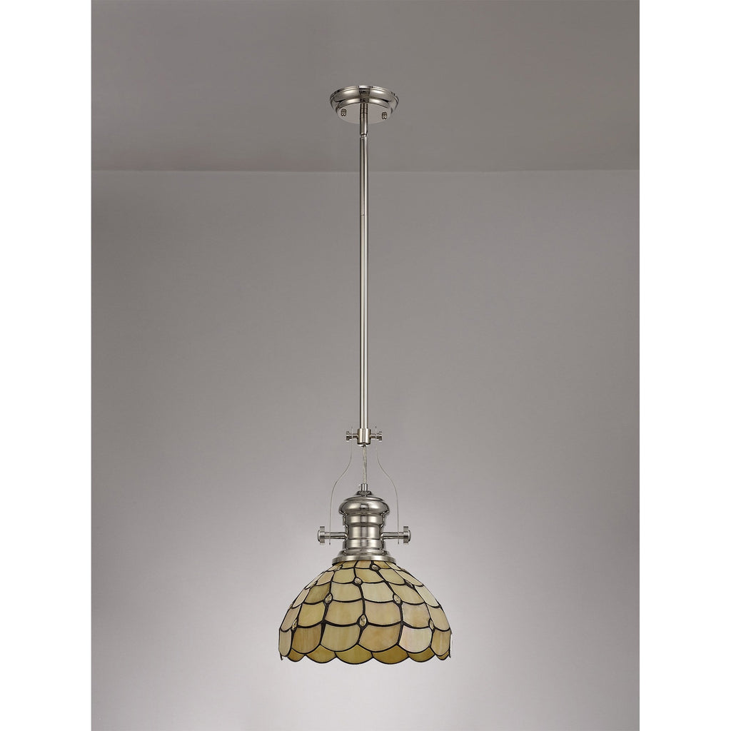 NLK04699 Louis/Chrisy 1 Light Telescopic Pendant With 30cm Tiffany Shade Polished Nickel/Beige/Clear Crystal