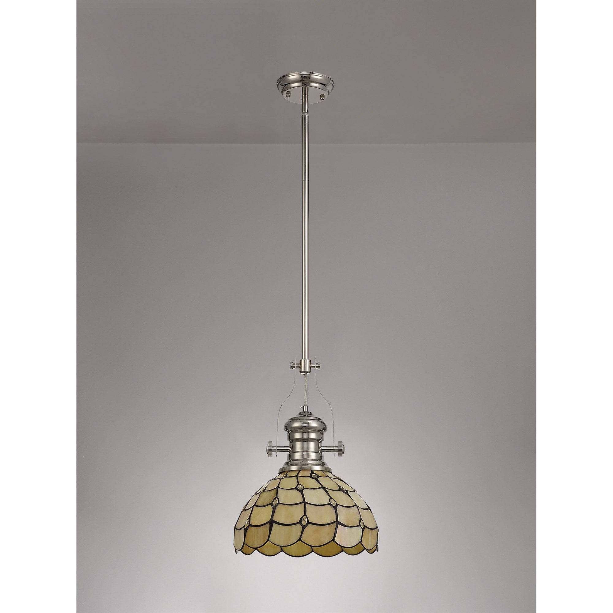 NLK04699 Louis/Chrisy 1 Light Telescopic Pendant With 30cm Tiffany Shade Polished Nickel/Beige/Clear Crystal