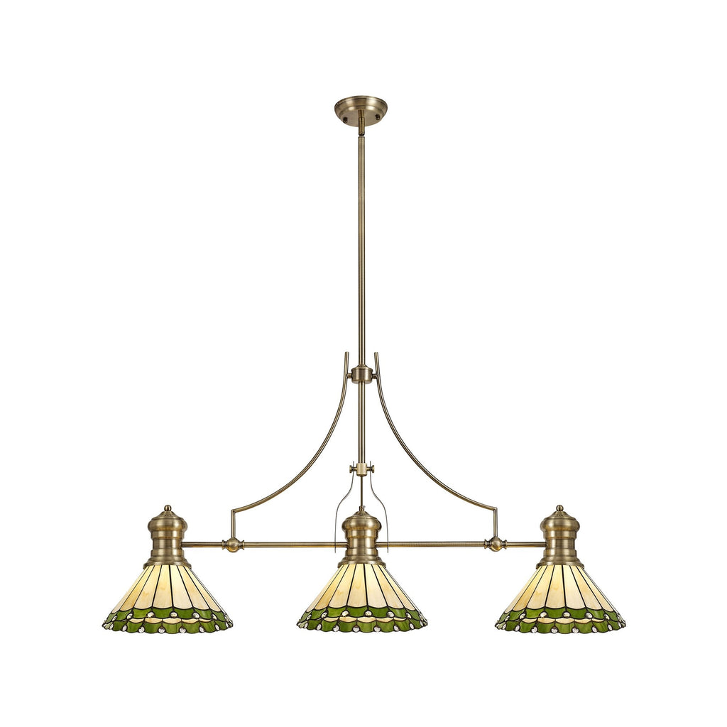 NLK04709 Louis/Umbrian 3 Light Telescopic Pendant With 30cm Tiffany Shade Antique Brass/Green/CRome/Crystal
