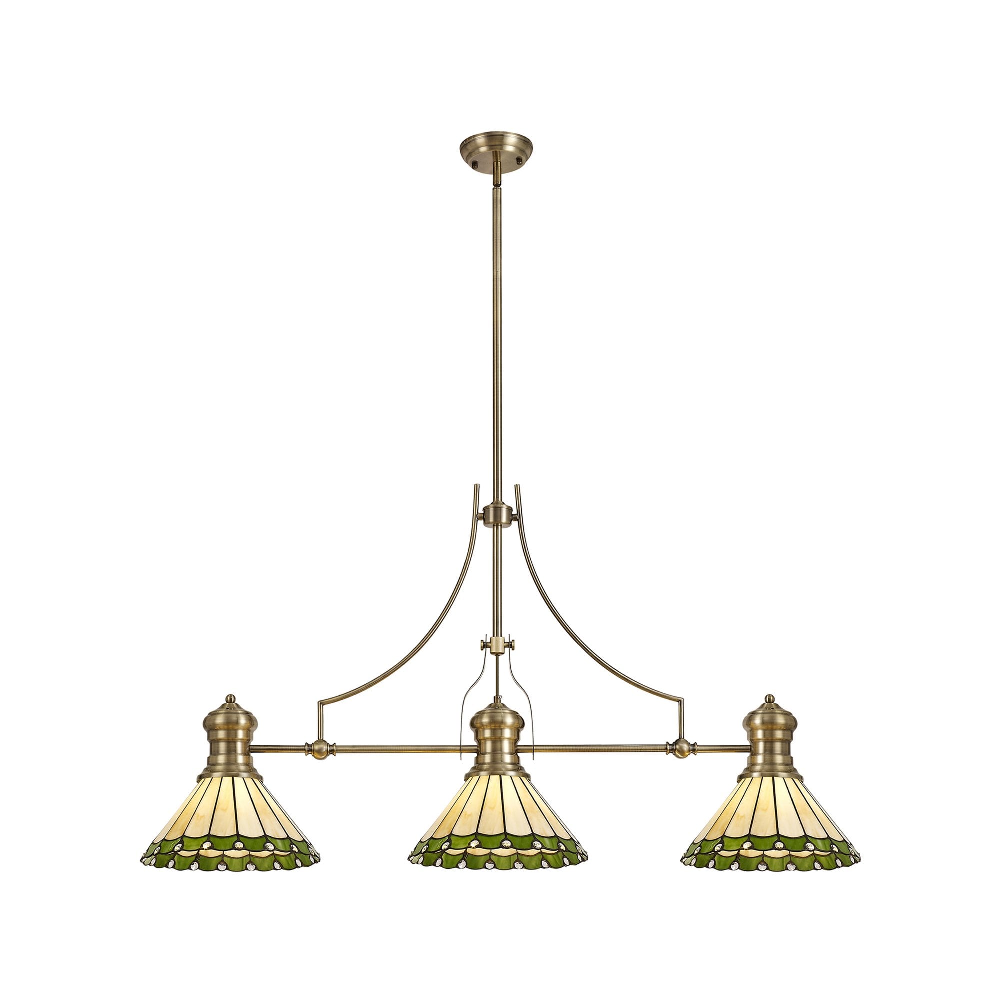 NLK04709 Louis/Umbrian 3 Light Telescopic Pendant With 30cm Tiffany Shade Antique Brass/Green/CRome/Crystal