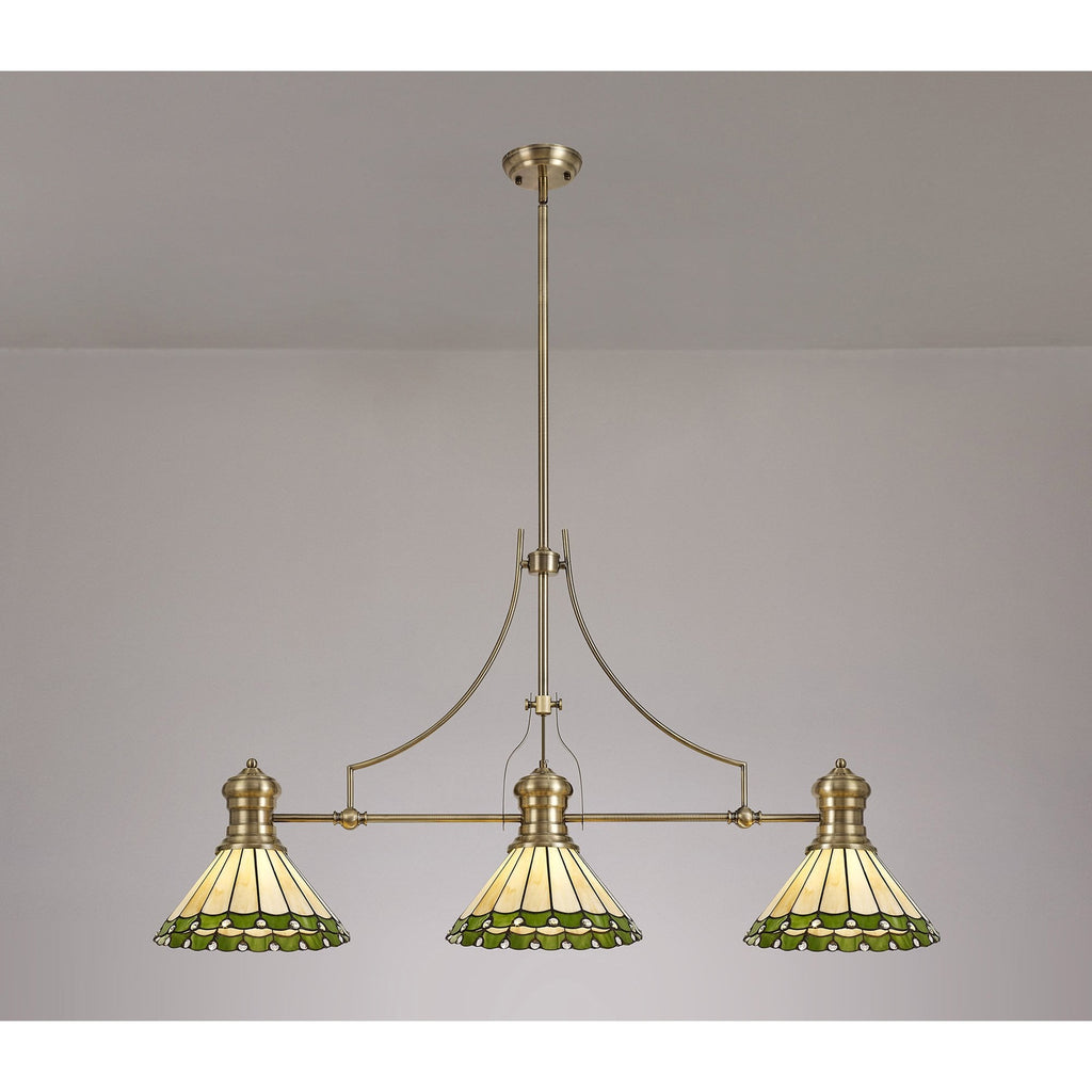 NLK04709 Louis/Umbrian 3 Light Telescopic Pendant With 30cm Tiffany Shade Antique Brass/Green/CRome/Crystal