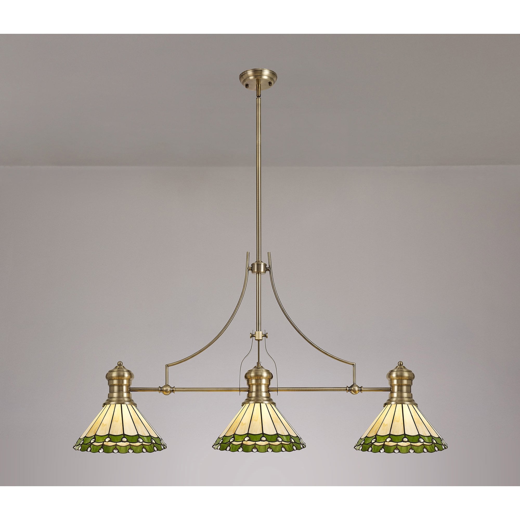 NLK04709 Louis/Umbrian 3 Light Telescopic Pendant With 30cm Tiffany Shade Antique Brass/Green/CRome/Crystal