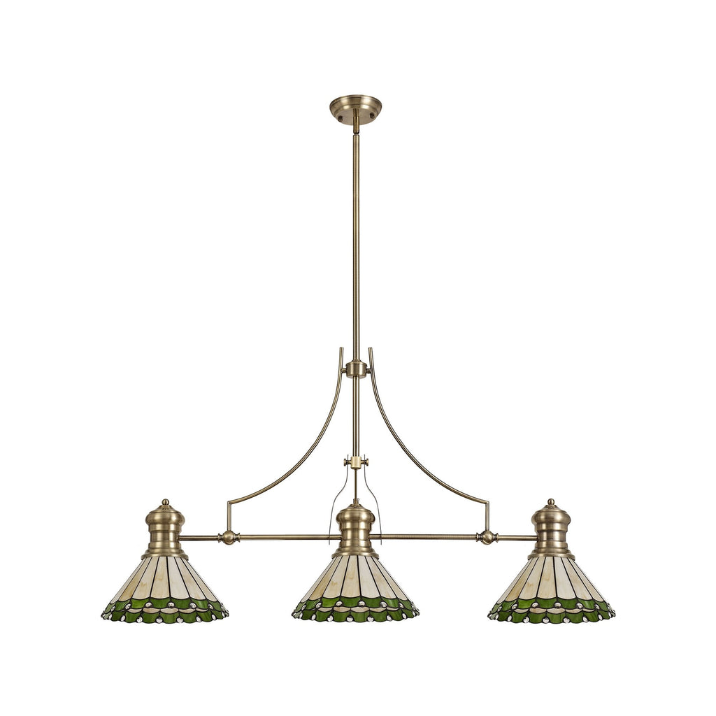 NLK04709 Louis/Umbrian 3 Light Telescopic Pendant With 30cm Tiffany Shade Antique Brass/Green/CRome/Crystal