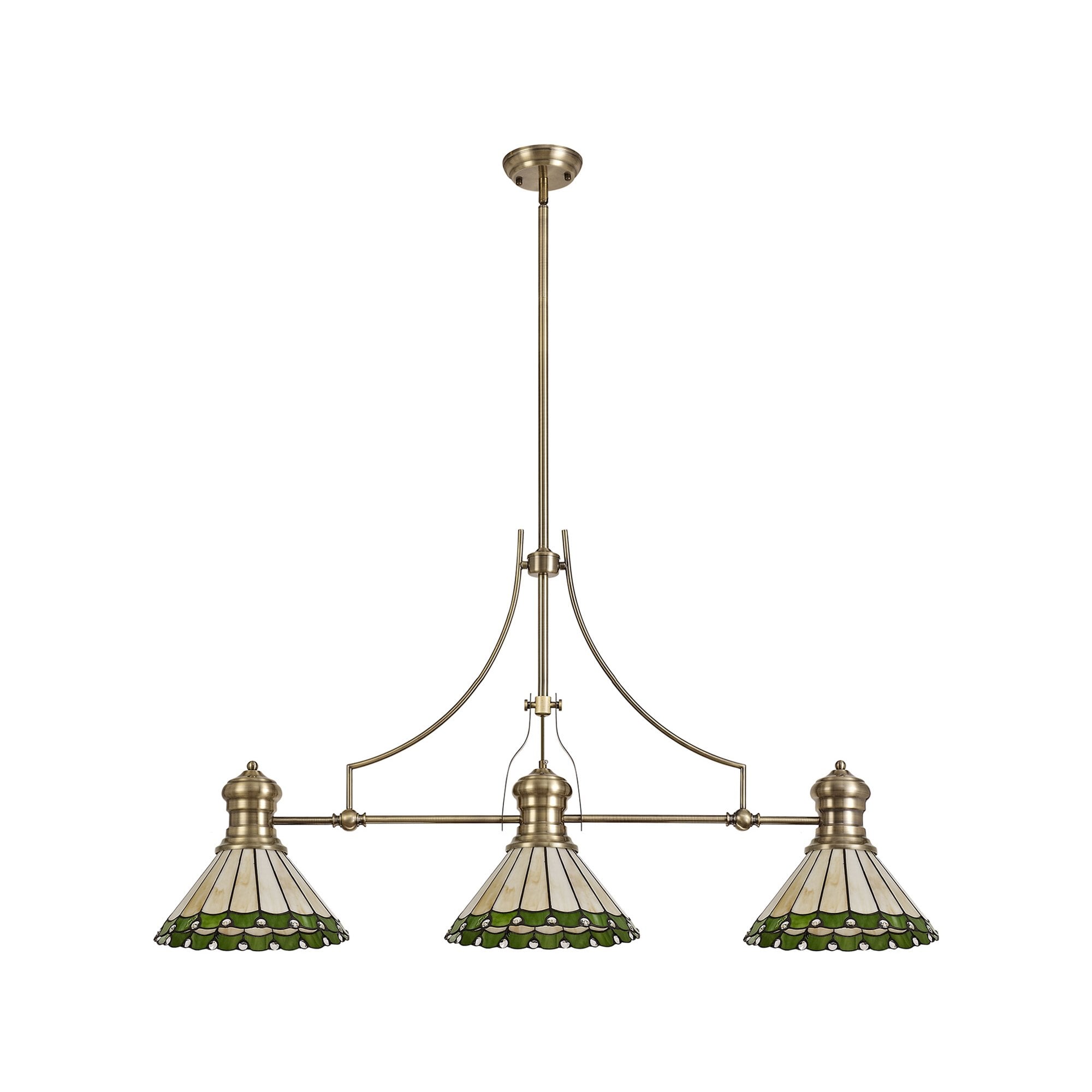 NLK04709 Louis/Umbrian 3 Light Telescopic Pendant With 30cm Tiffany Shade Antique Brass/Green/CRome/Crystal