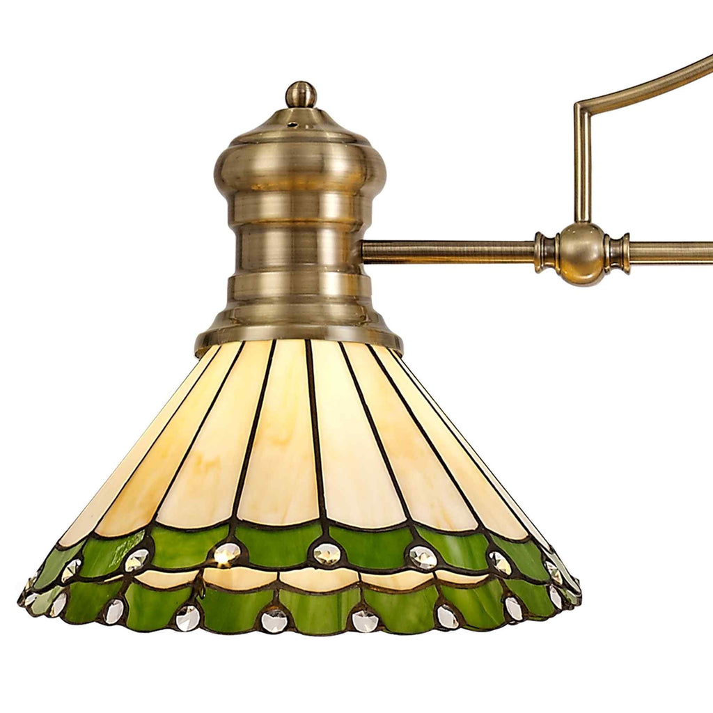 NLK04709 Louis/Umbrian 3 Light Telescopic Pendant With 30cm Tiffany Shade Antique Brass/Green/CRome/Crystal